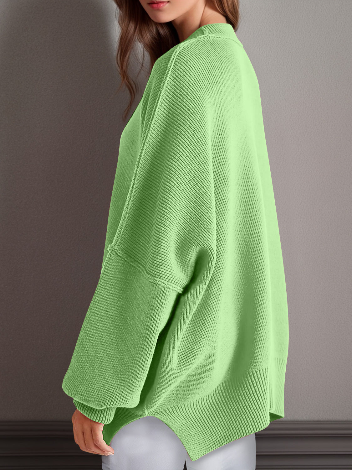 Double Take Side Slit Round Neck Long Sleeve Sweater - Cowaa