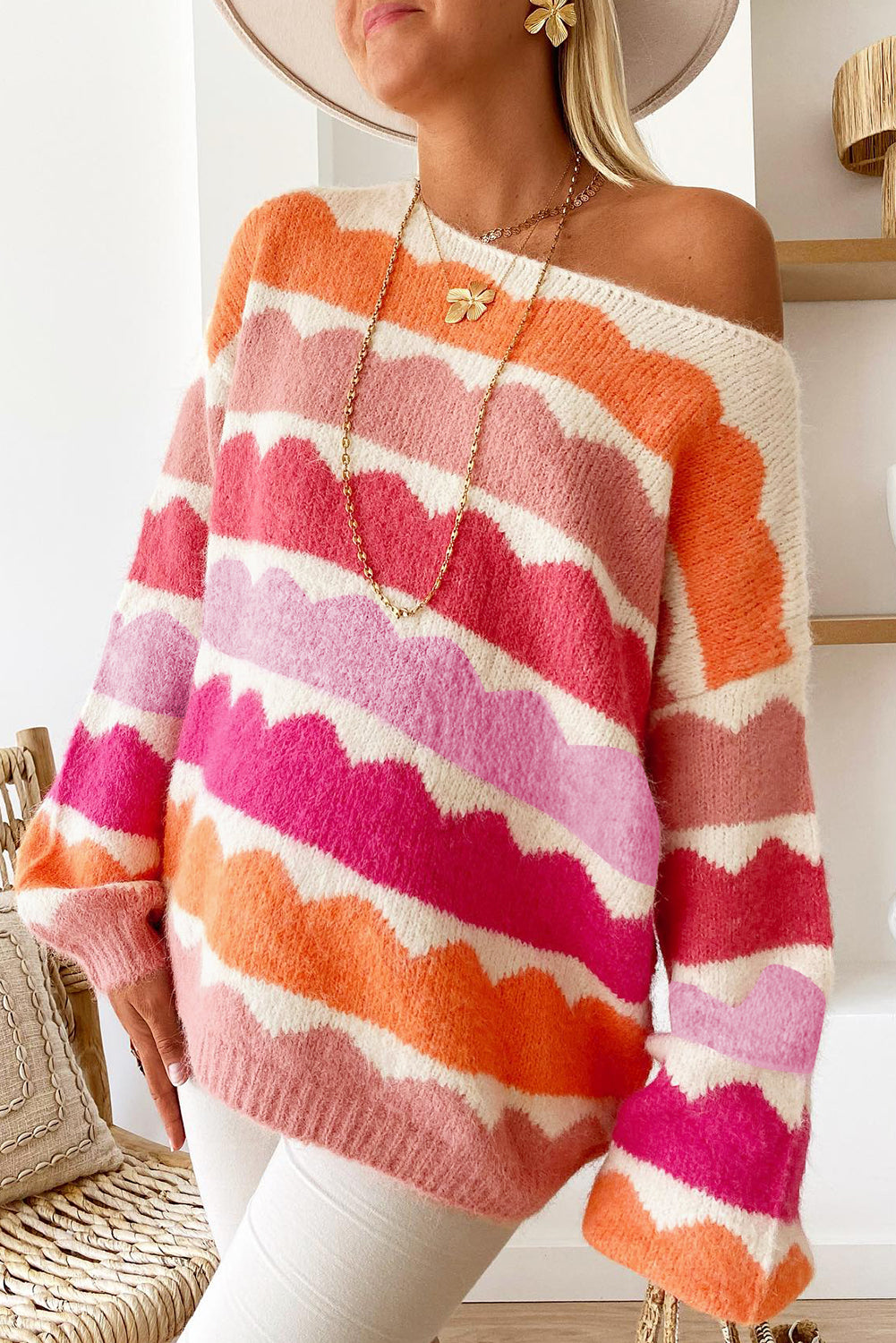 Dark Blue Wave Striped Balloon Sleeve Drop Shoulder Sweater - Cowaa