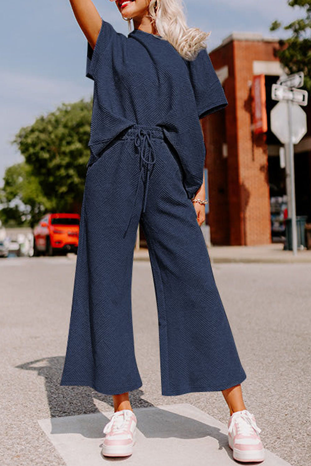 Navy Blue Textured Loose Fit T Shirt and Drawstring Pants Set - Cowaa