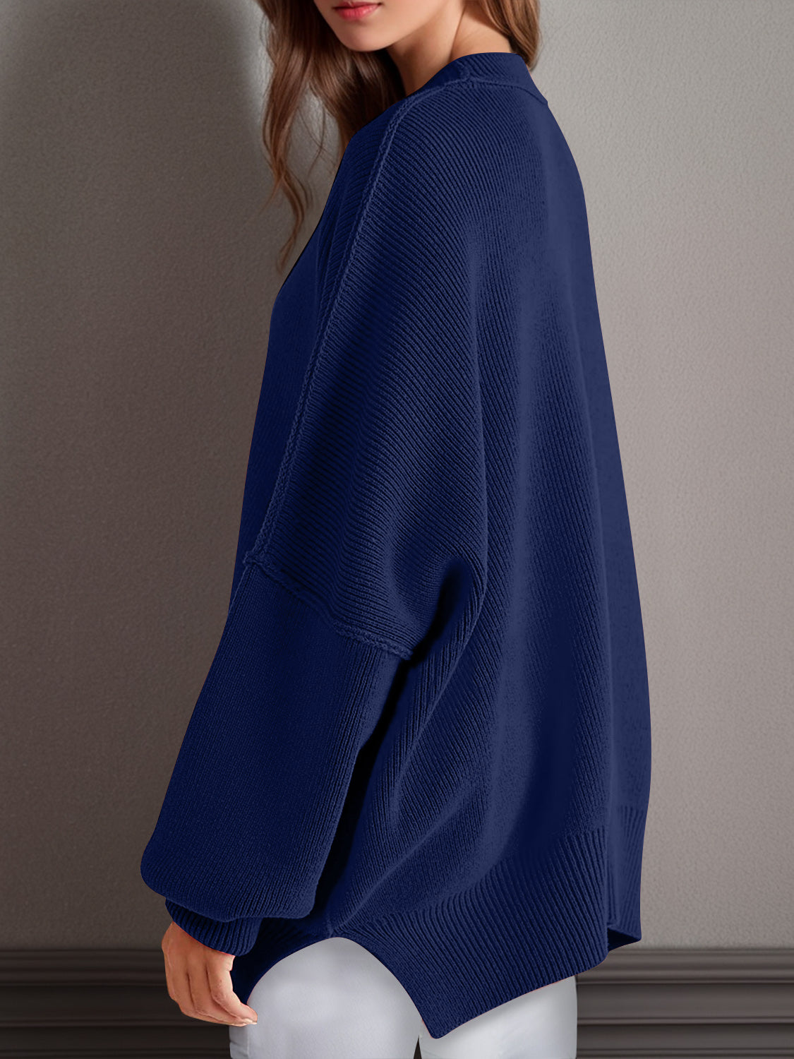 Double Take Side Slit Round Neck Long Sleeve Sweater - Cowaa