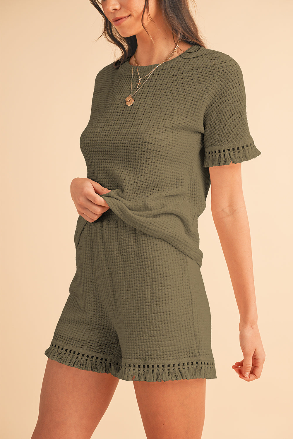Beige Fringe Trim Waffle Knit Textured Shorts Set - Cowaa