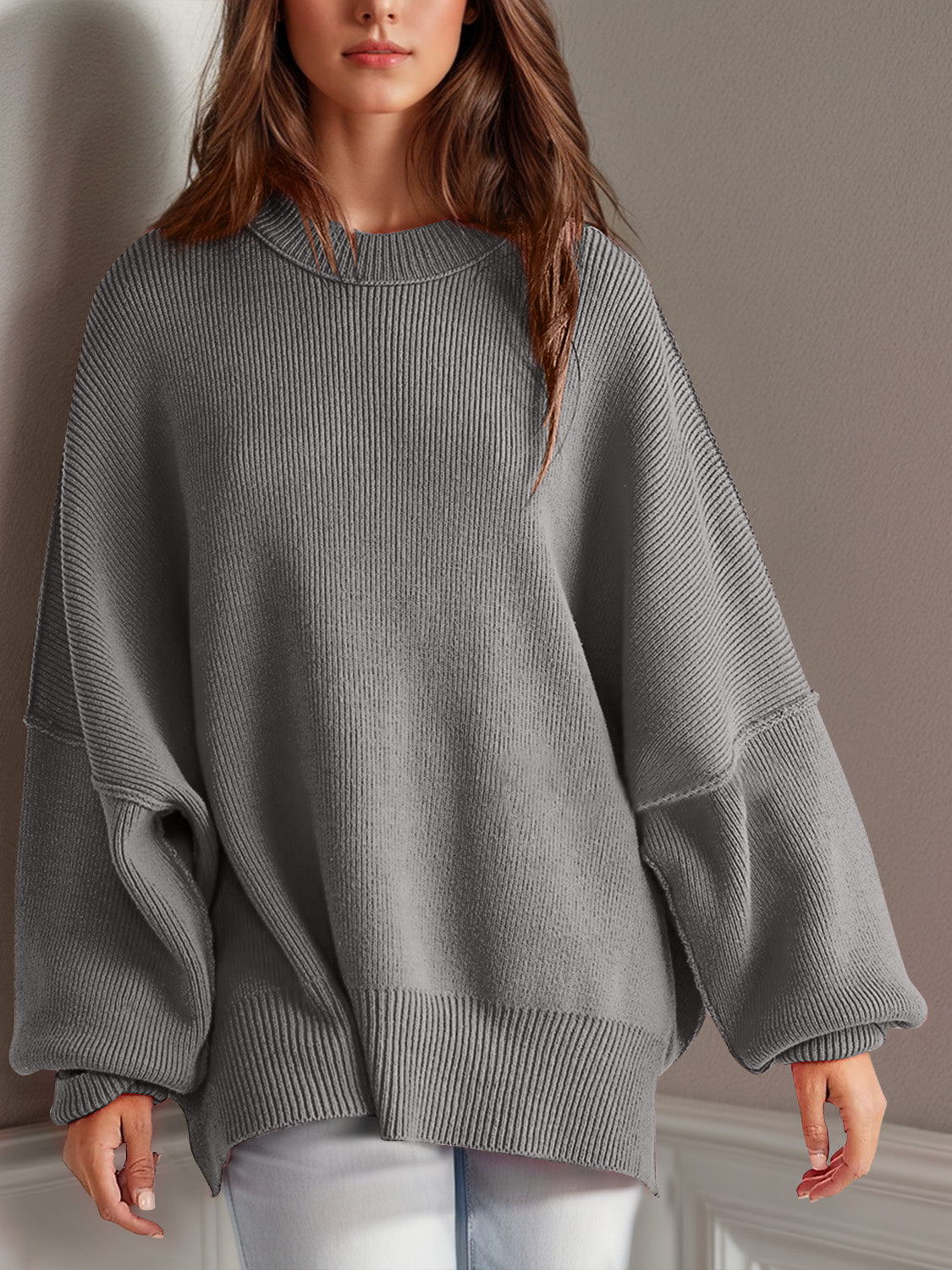 Double Take Side Slit Round Neck Long Sleeve Sweater - Cowaa