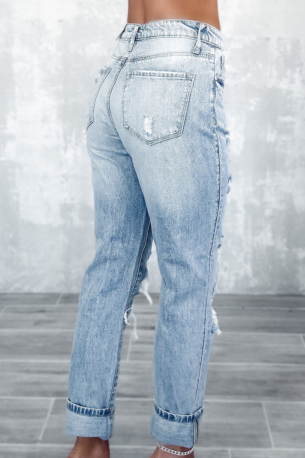 Sky Blue Light Wash Frayed Slim Fit High Waist Jeans - Cowaa