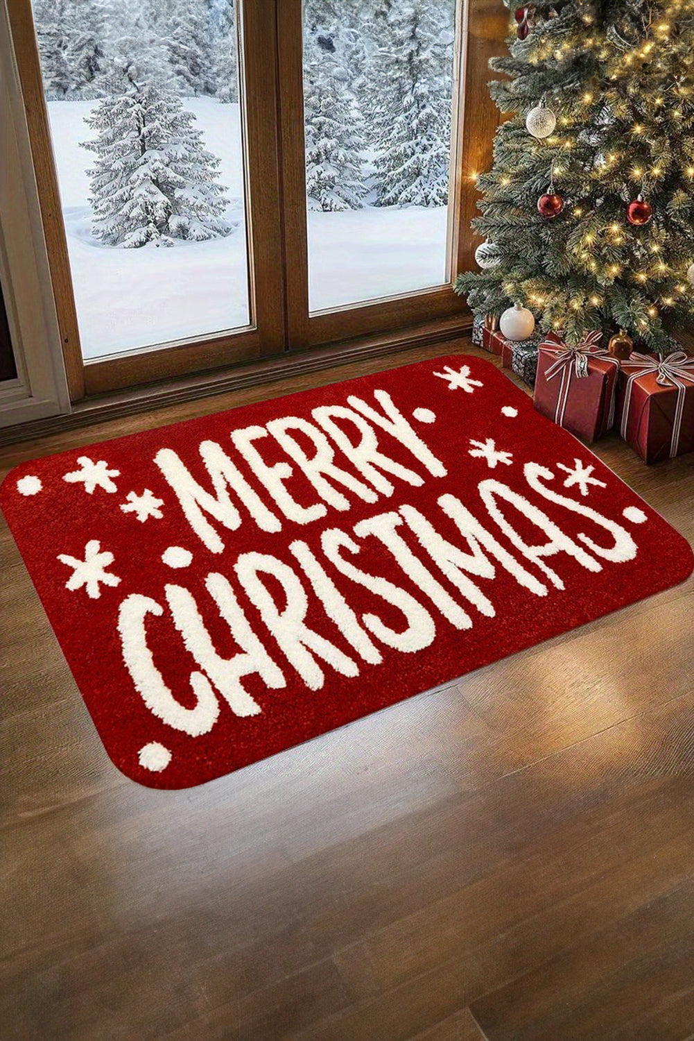 Fiery Red MERRY CHRISTMAS Plush Entrance Mat