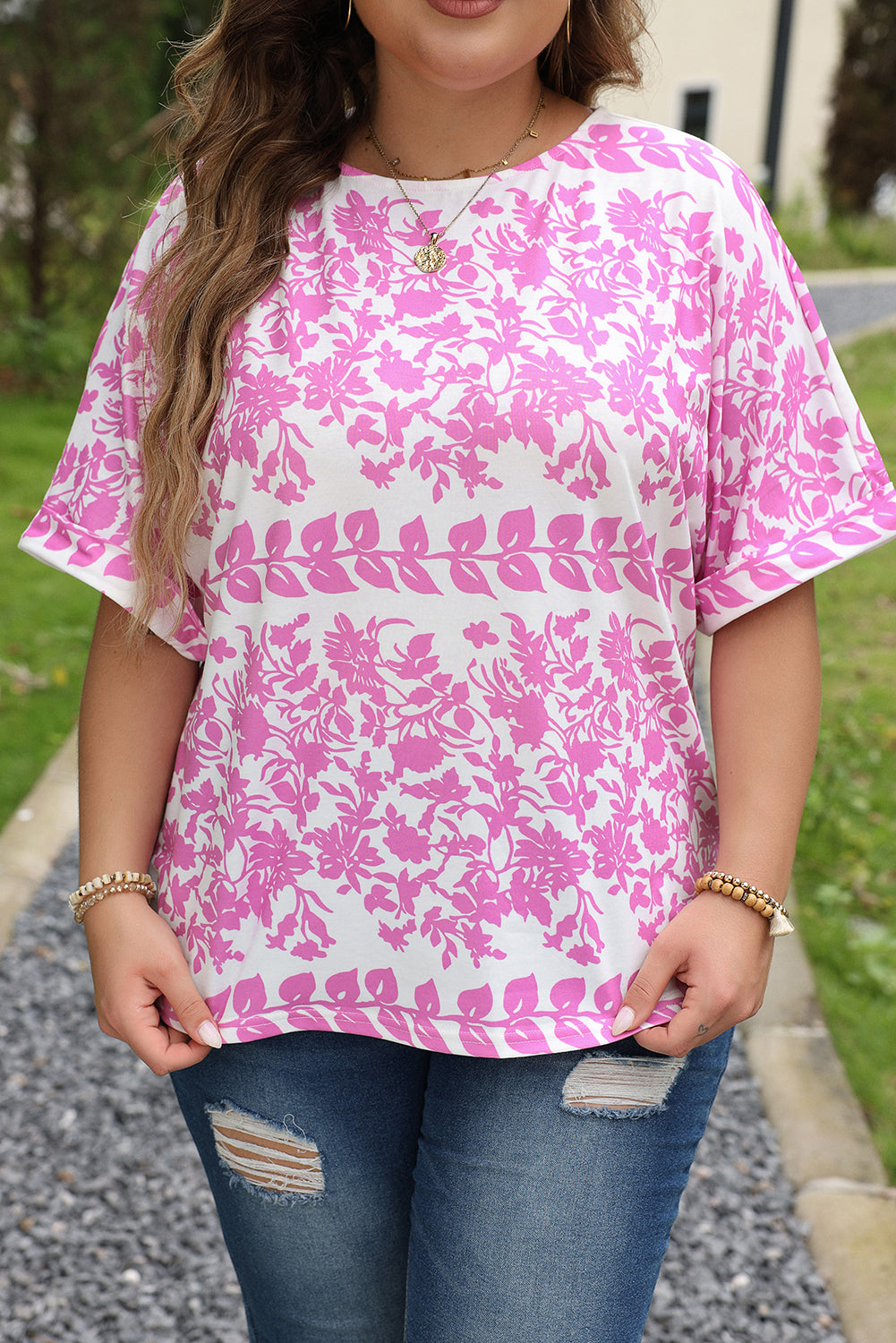 Pink Floral Printed Curved Hem Plus Size T Shirt