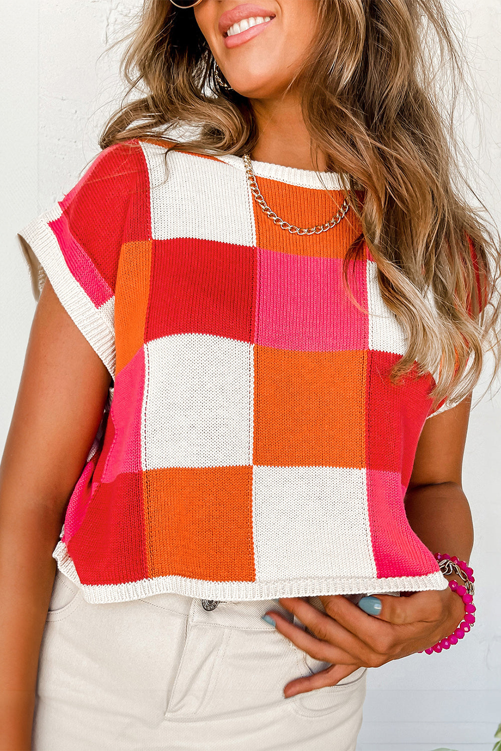 Fiery Red Checkered Color Block Cap Sleeve Knitted Top - Cowaa