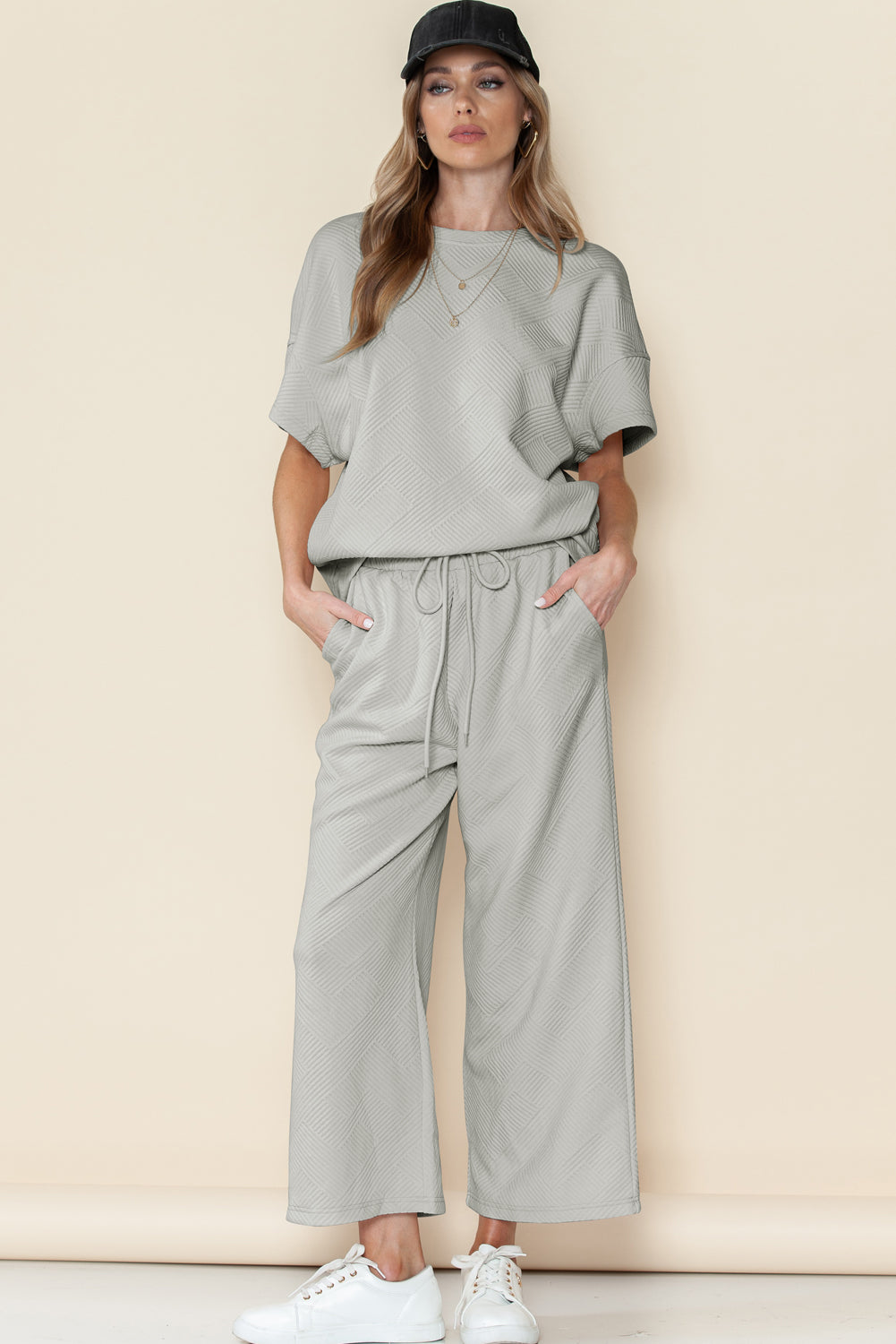 Navy Blue Textured Loose Fit T Shirt and Drawstring Pants Set - Cowaa