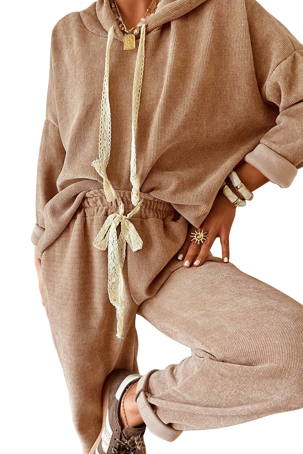 Rose Tan Drawstring Pullover Hoodie and High Waist Pants Corduroy Suit