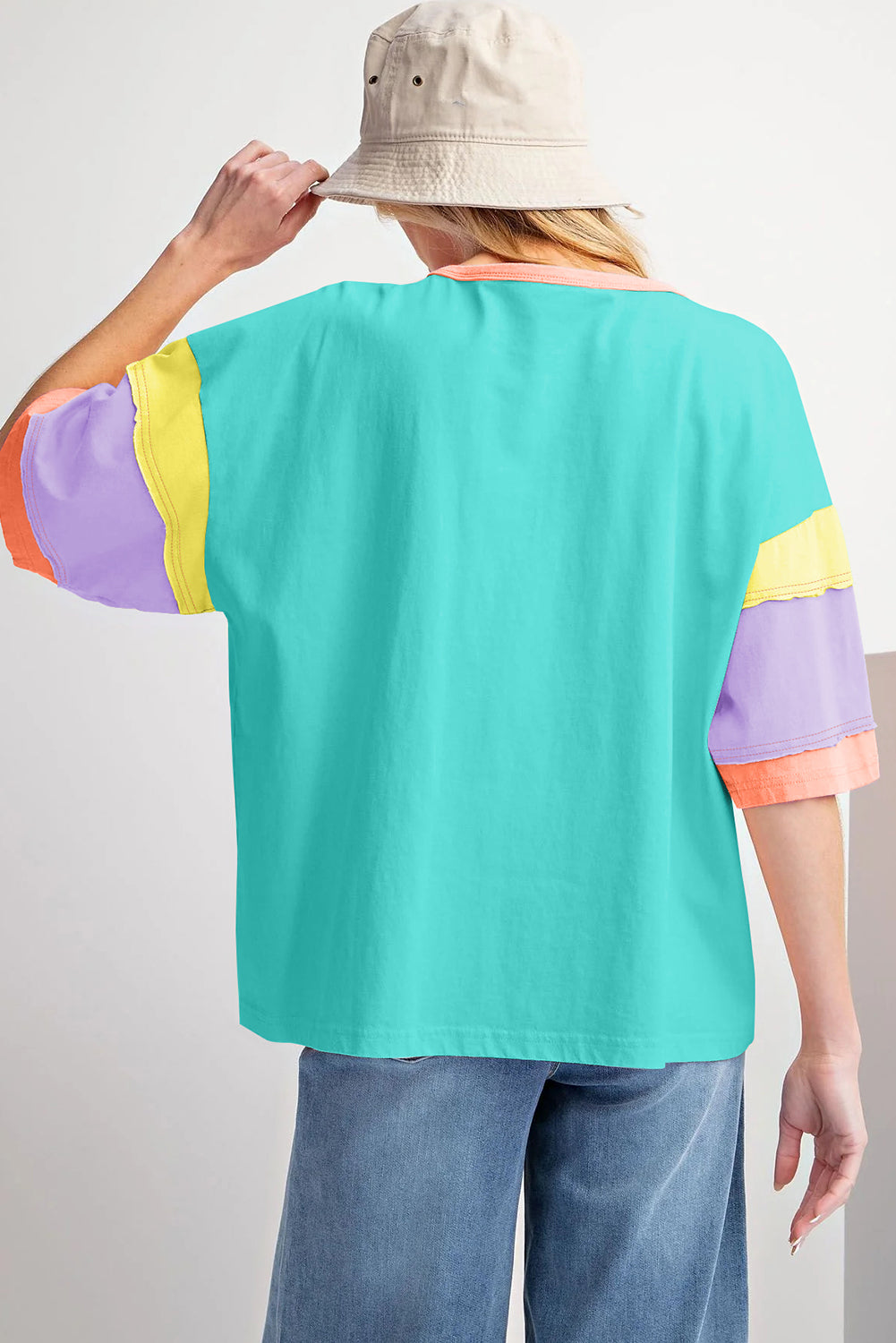 Green Color Block Sleeve Round Neck Oversize Top - Cowaa