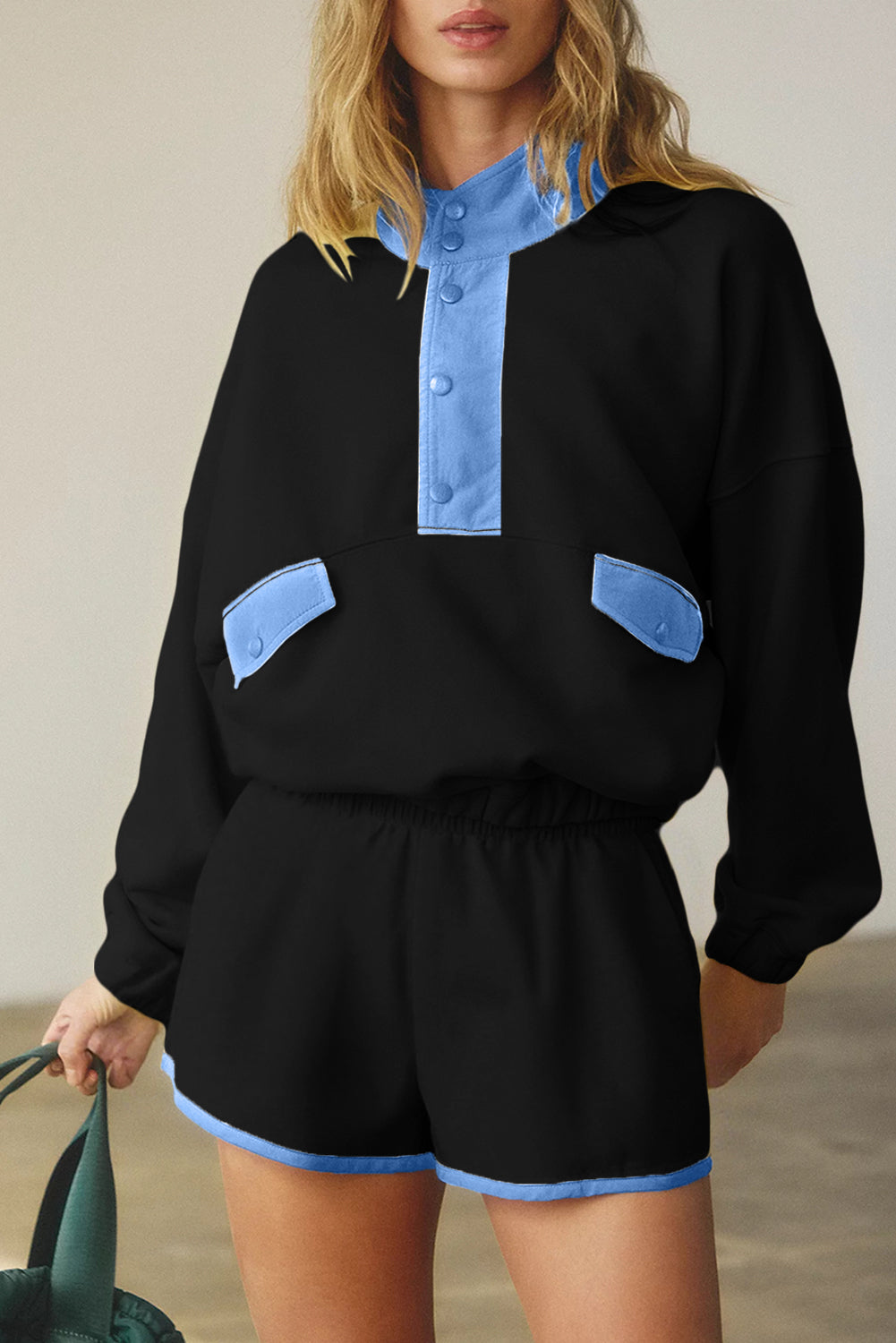 Red Dahlia Colorblock Patchwork Half Button Pullover and Shorts Outfit