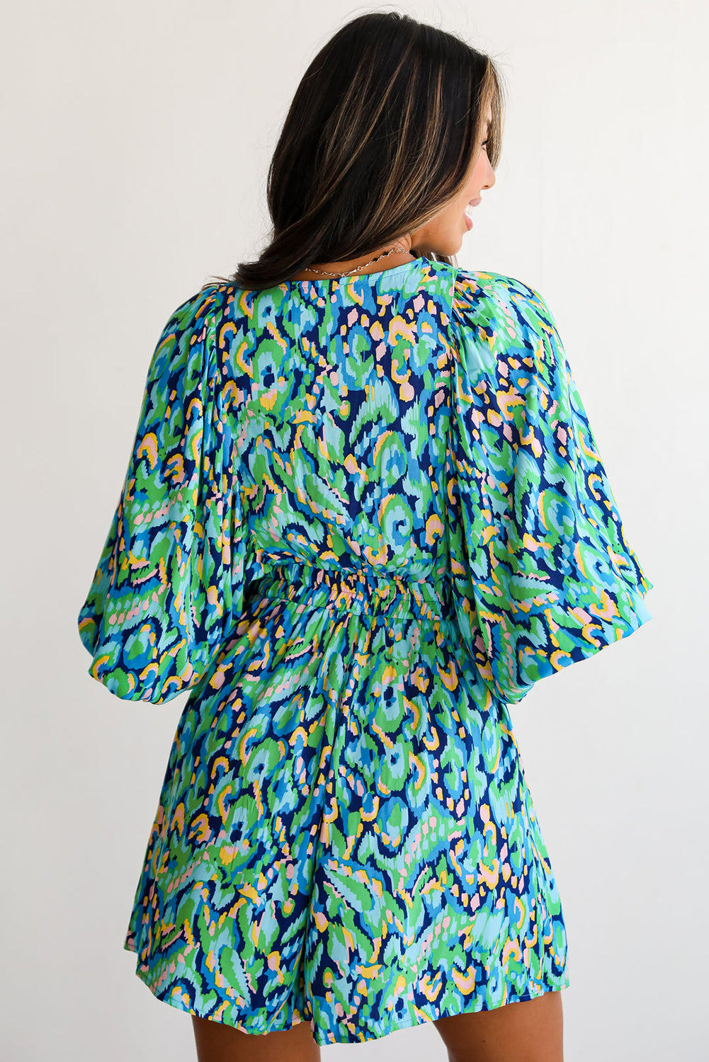 Abstract Print Dolman Sleeve V Neck High Waist Romper