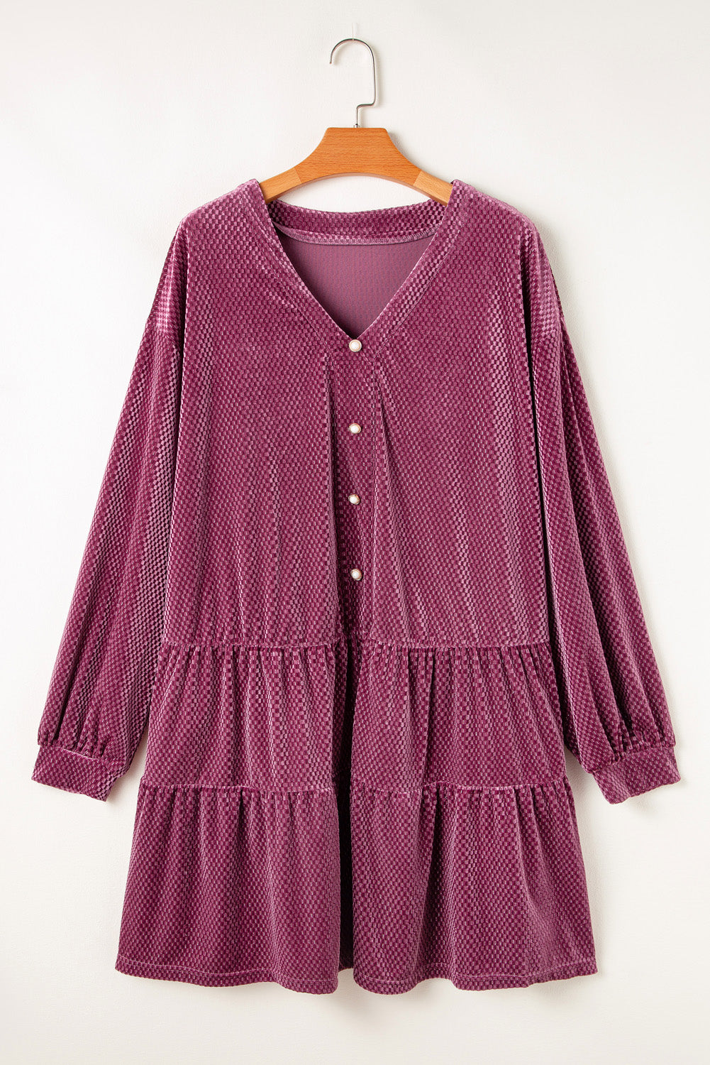 Meadow Mauve Plus Size Textured Velvet Tiered Buttons Tiered Dress - Cowaa