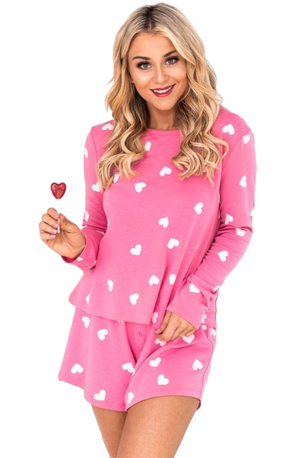 Pink Valentine Heart Print Long Sleeve Top and Shorts Pajama Set - Cowaa