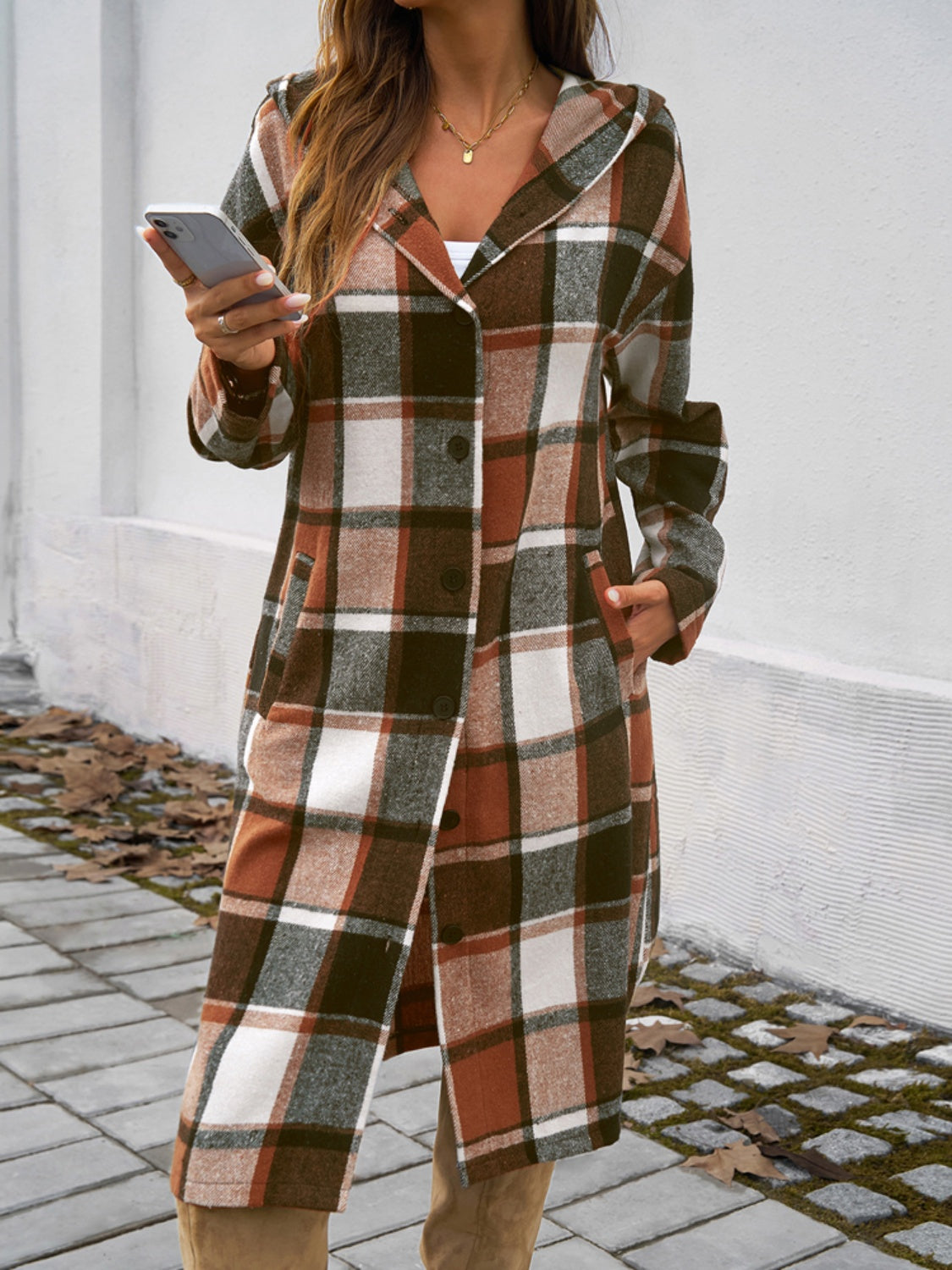 Devine Plaid Long Sleeve Hooded Coat - Cowaa