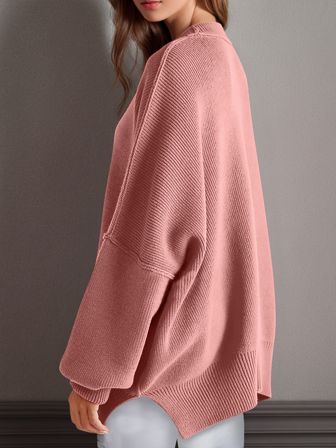 Double Take Side Slit Round Neck Long Sleeve Sweater - Cowaa