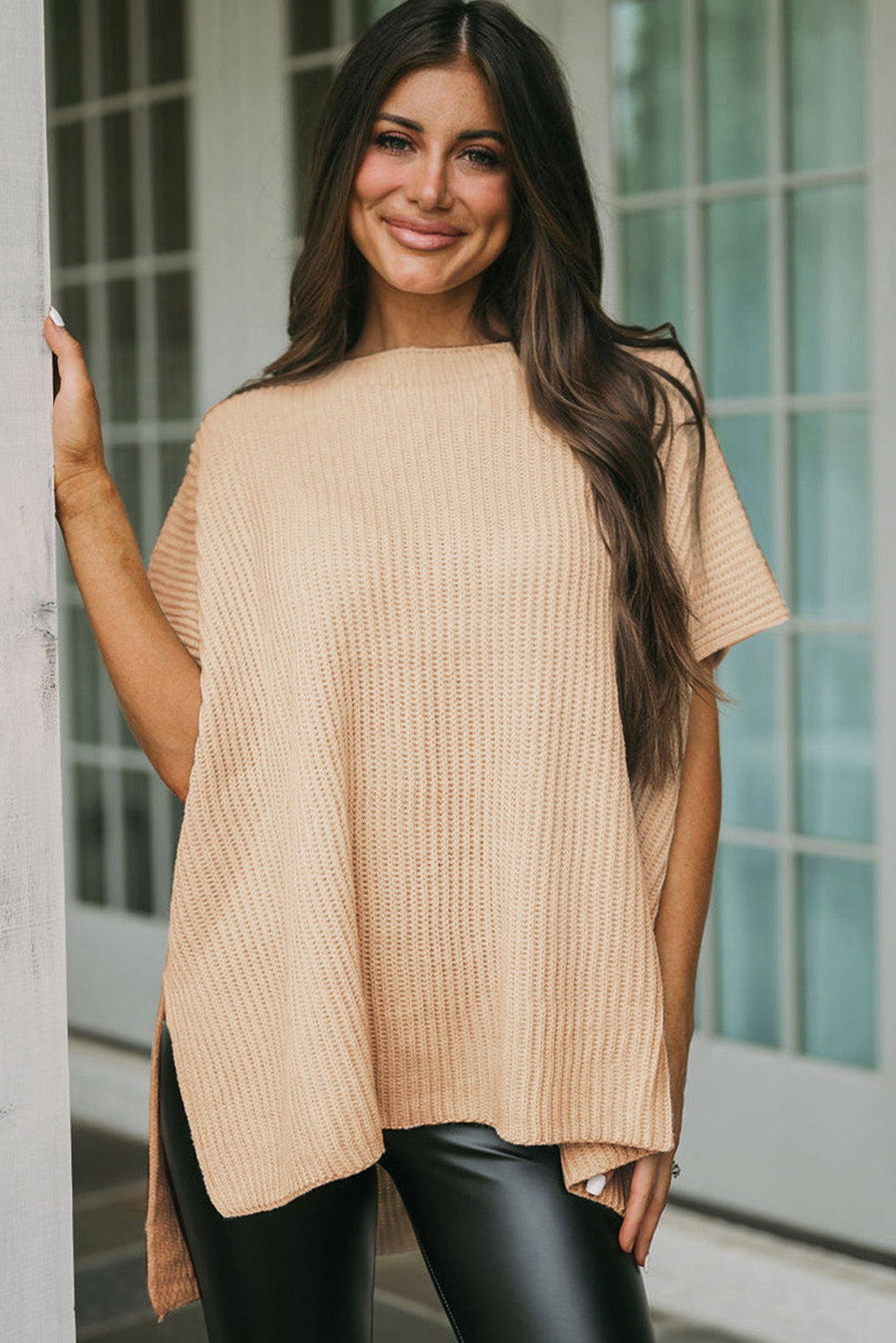 Rose Red Side Slit Short Sleeve Oversized Sweater - Cowaa