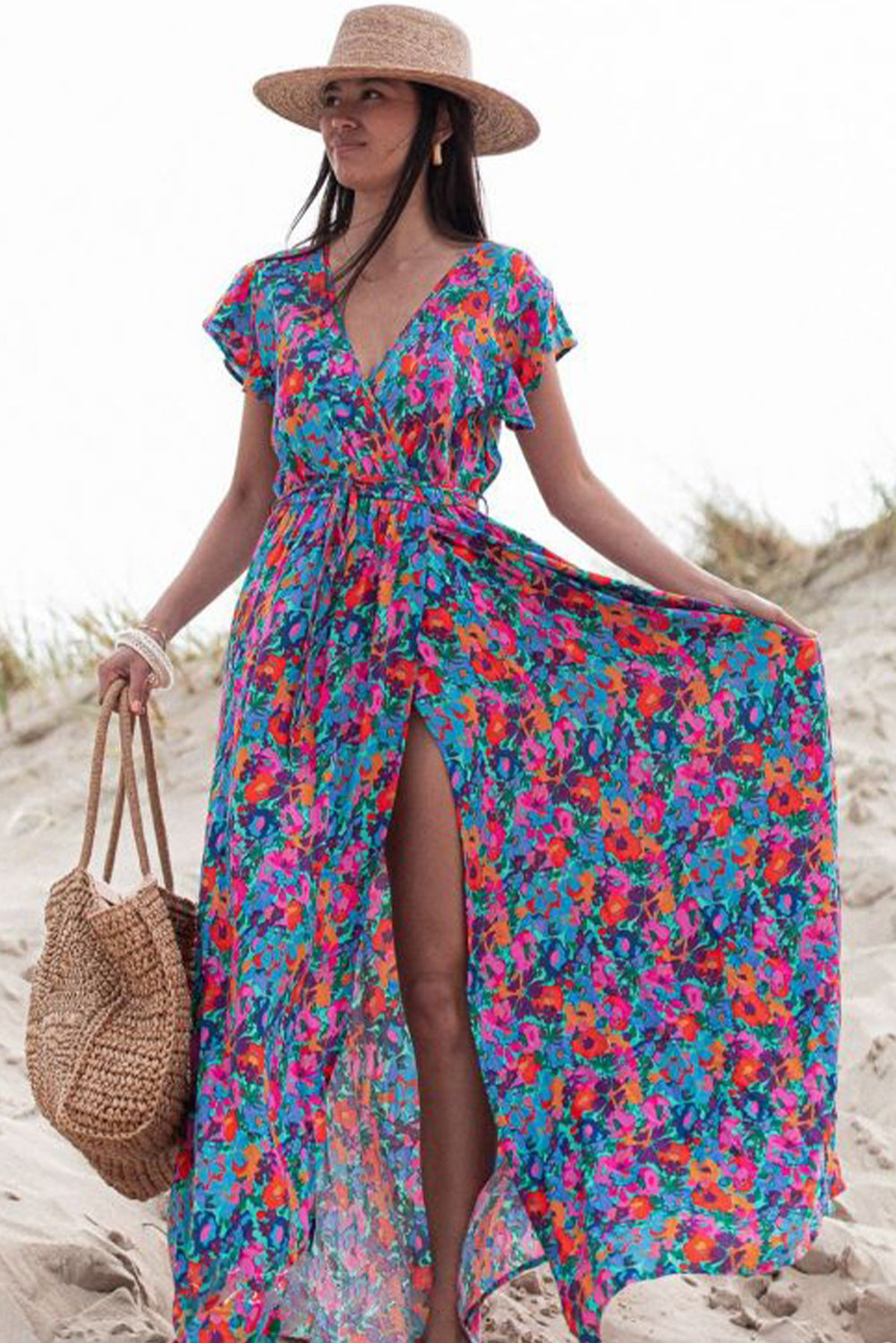 Blue Boho Floral Print V Neck Wrap Split Maxi Dress - Cowaa