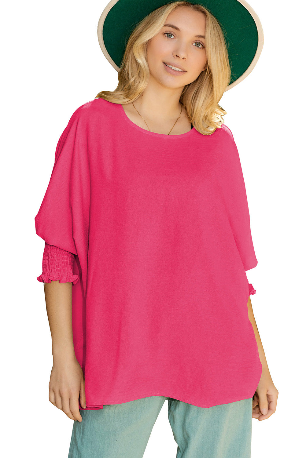Apricot Solid Casual Smocked Cuffs Batwing Sleeve Blouse - Cowaa