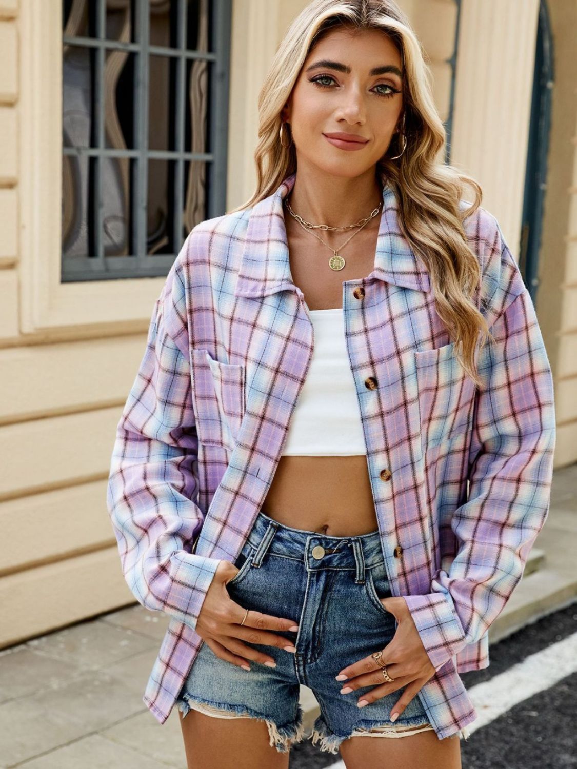 Plaid Collared Neck Long Sleeve Shirt - Cowaa