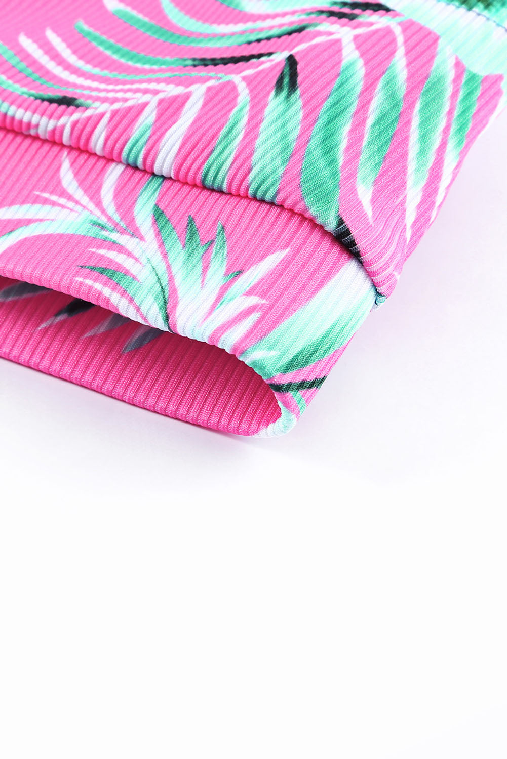Rose Tropical Plant Print Ribbed Bikini Top - Cowaa