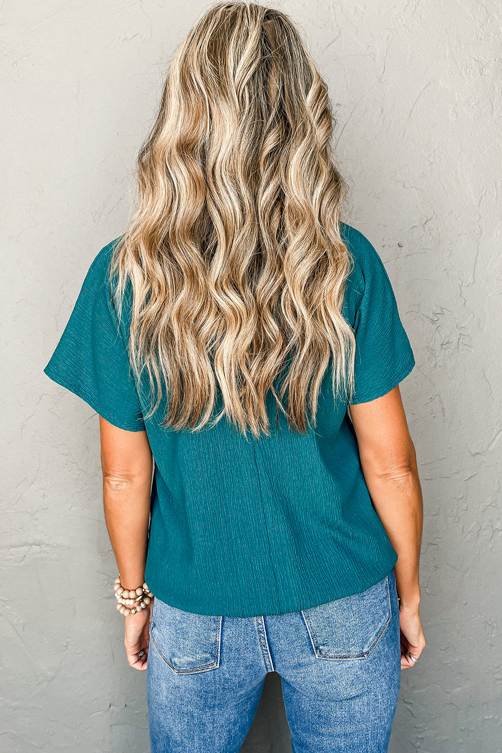 Black Plain Crinkled V Neck Short Sleeve Blouse - Cowaa