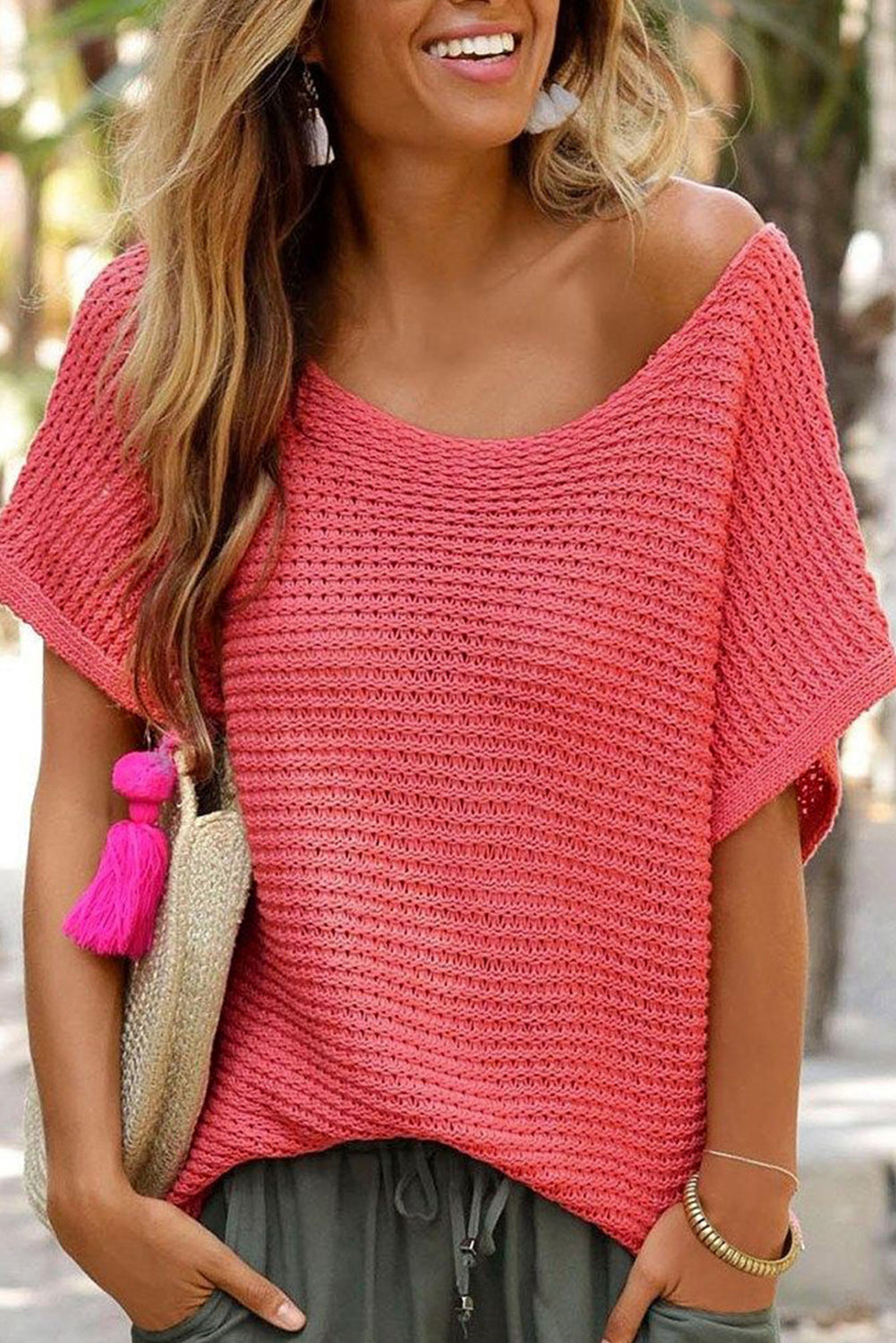 Pink Plain Knit Loose Batwing Sleeve Blouse - Cowaa