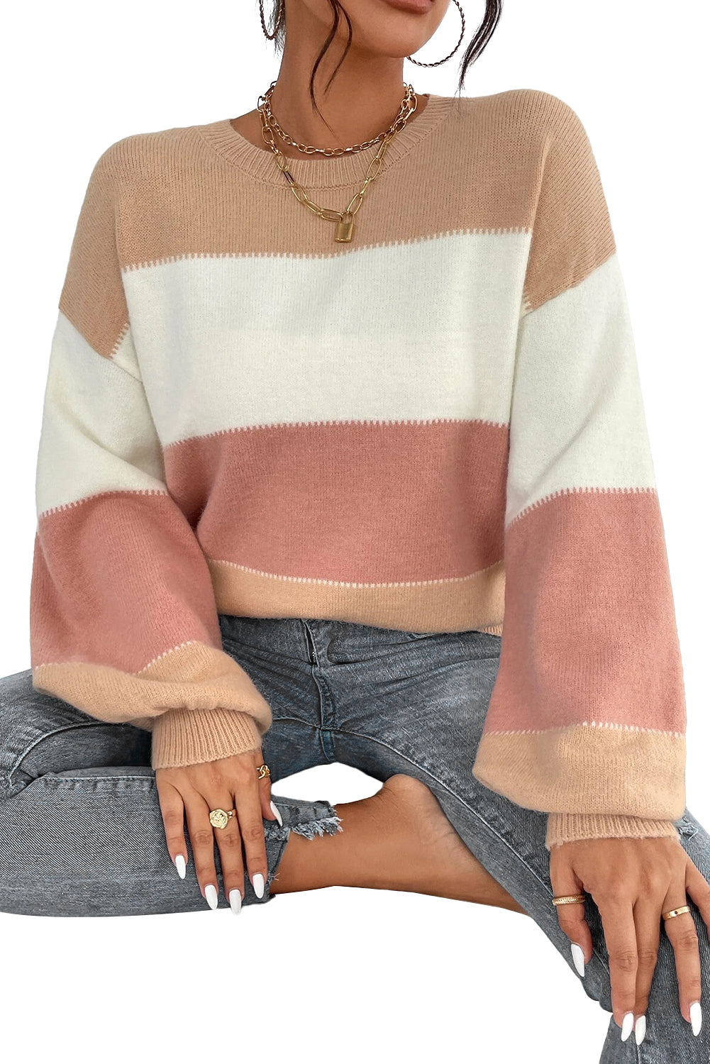 Dusty Pink Color Block Drop Shoulder Sweater - Cowaa