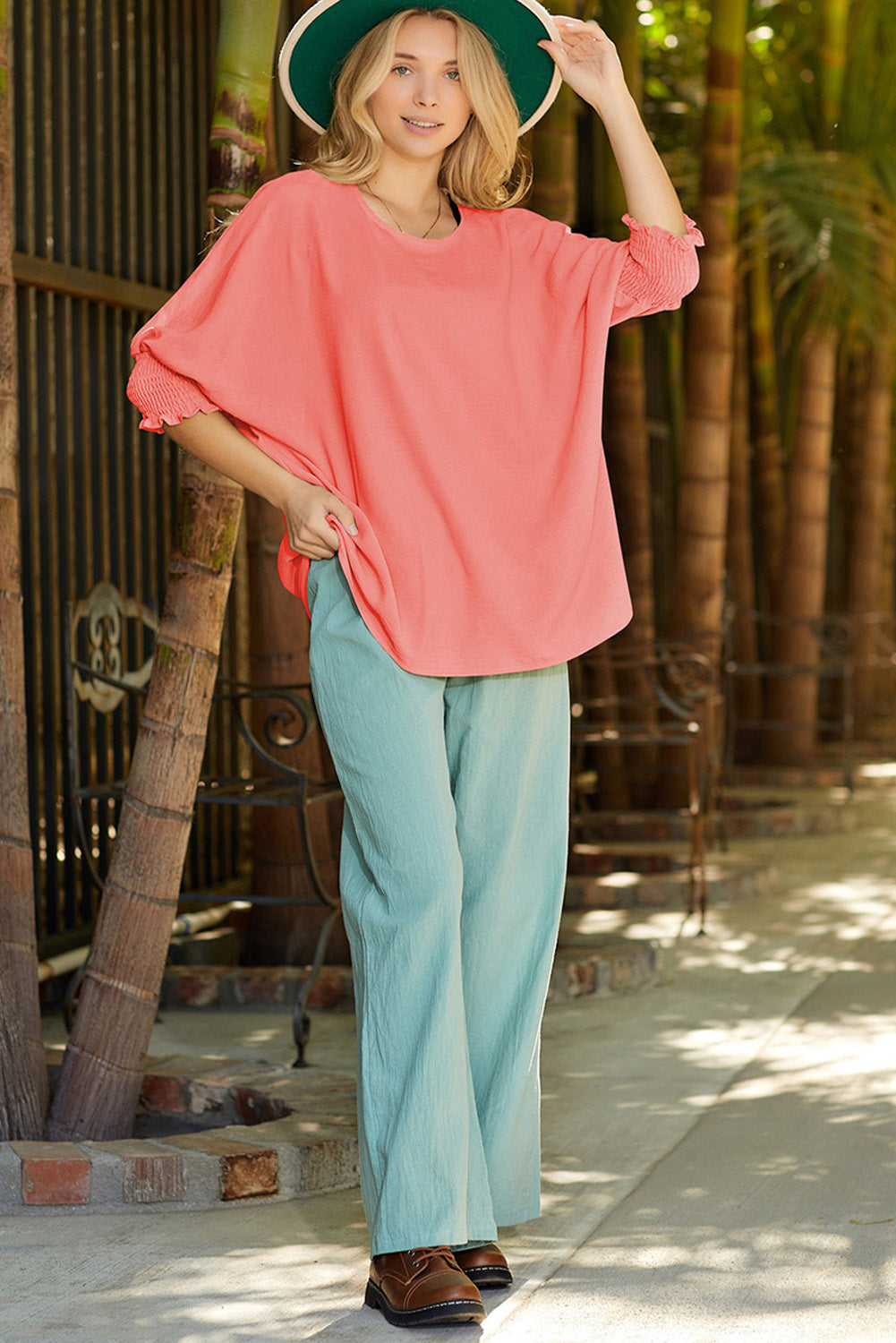 Apricot Solid Casual Smocked Cuffs Batwing Sleeve Blouse - Cowaa