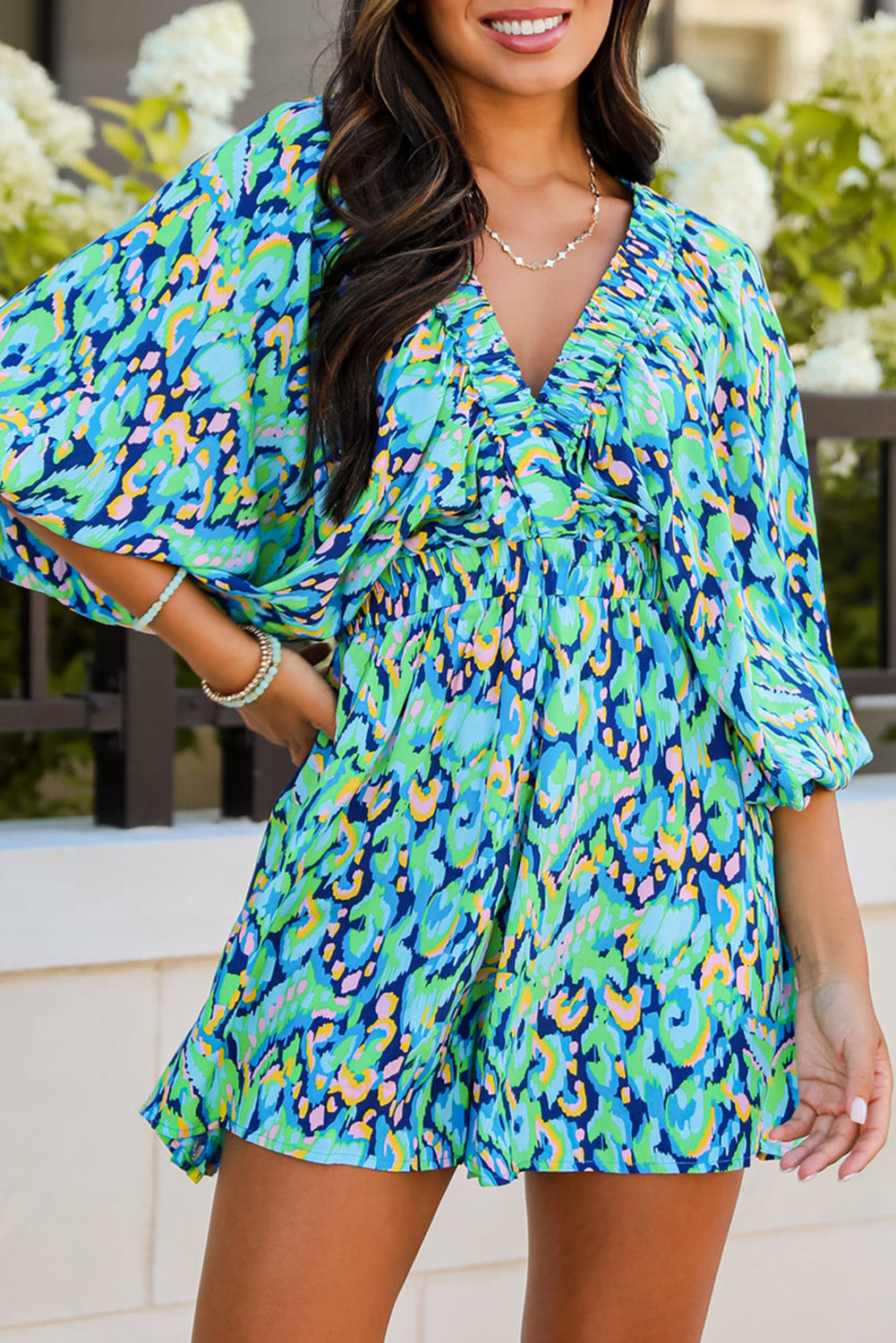 Abstract Print Dolman Sleeve V Neck High Waist Romper