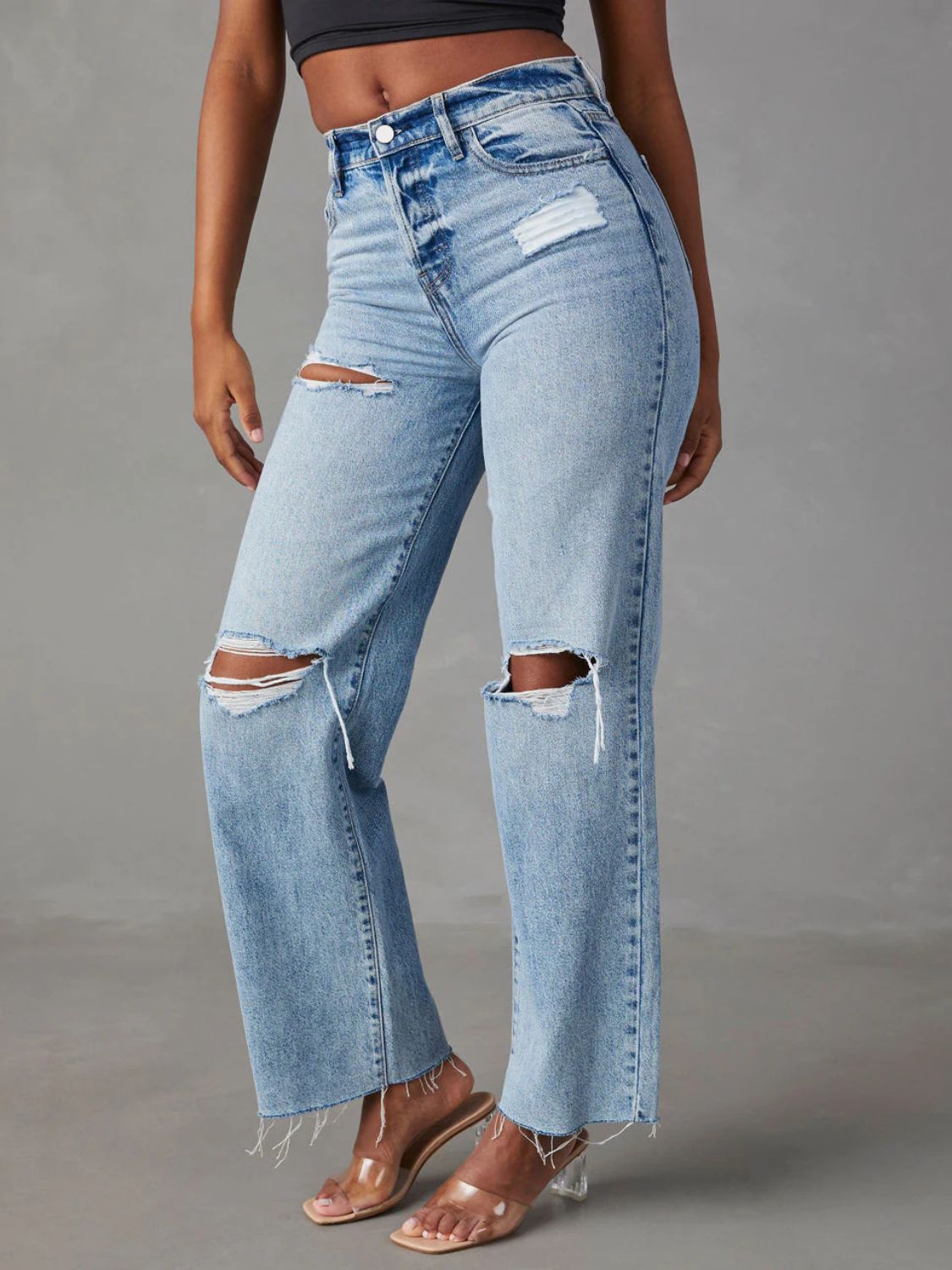 Distressed Straight Leg Jeans with Pockets - Cowaa