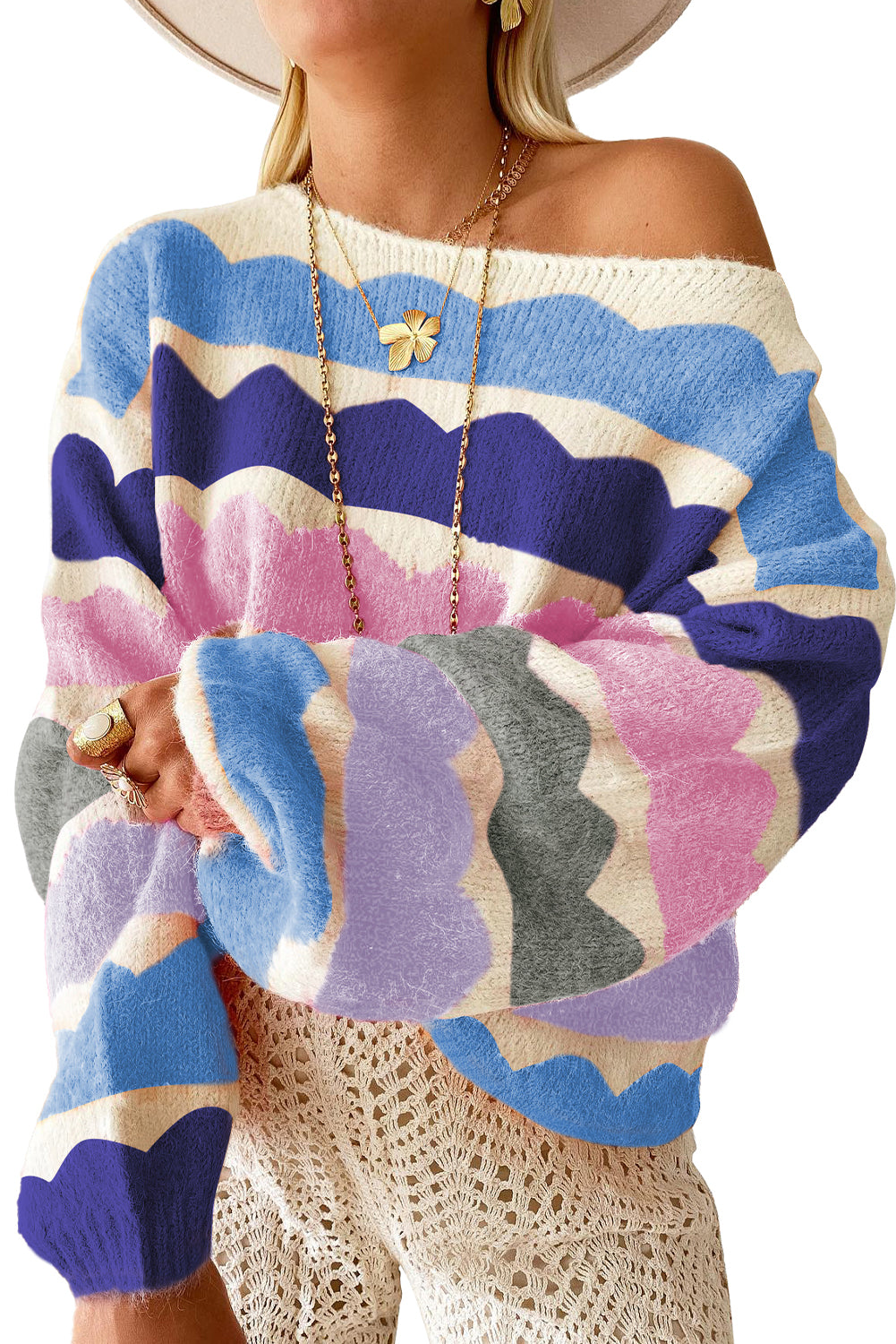 Dark Blue Wave Striped Balloon Sleeve Drop Shoulder Sweater - Cowaa