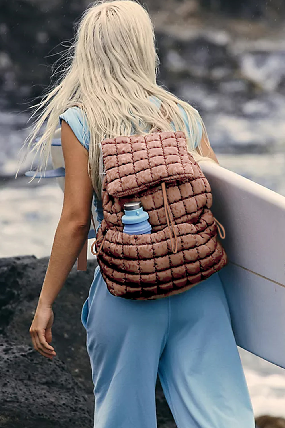 Solid Flapped Quilted Puffer Backpack