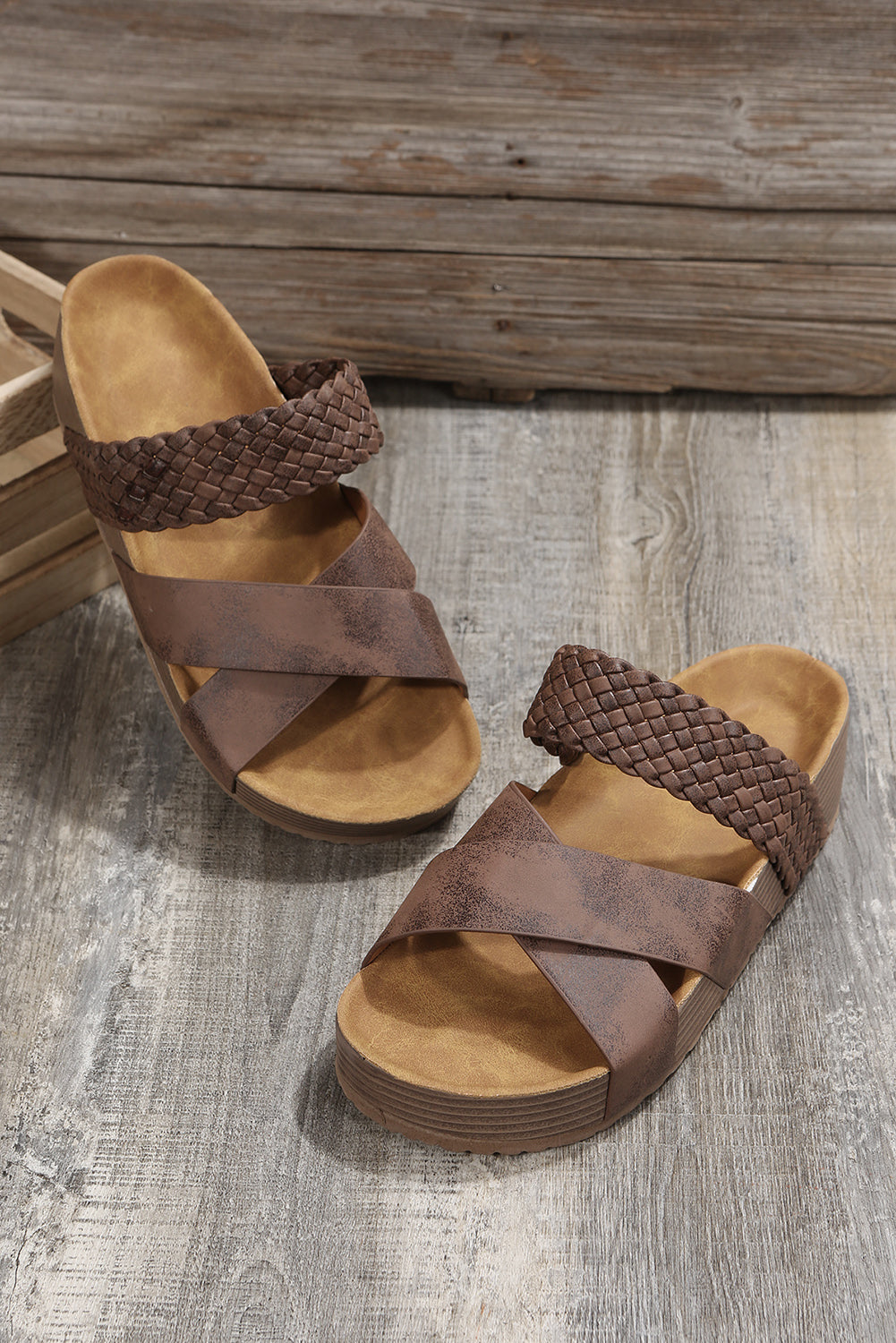 Beige Braided Detail Criss Cross Platform Sandals - Cowaa