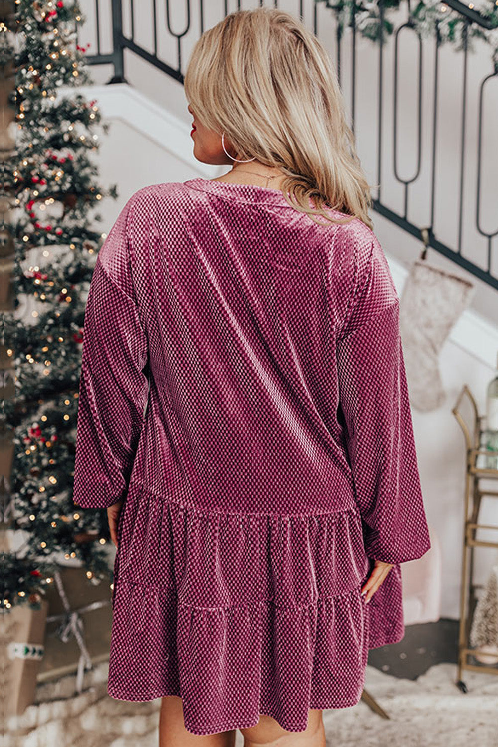 Meadow Mauve Plus Size Textured Velvet Tiered Buttons Tiered Dress - Cowaa