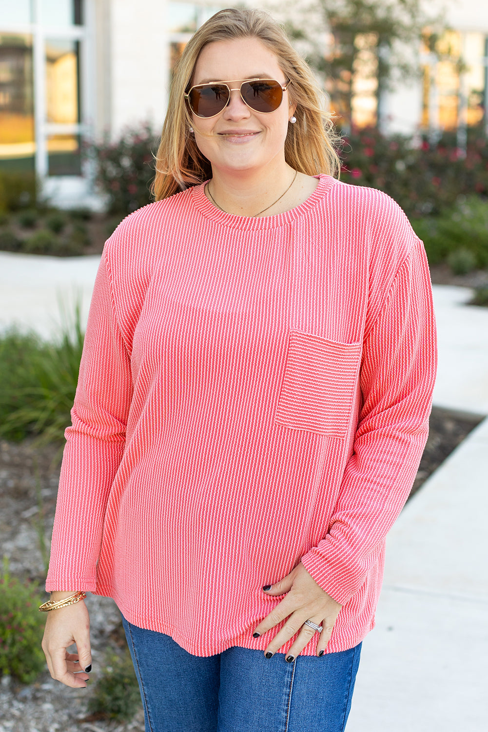 Peach Blossom Plus Size Ribbed Textured Long Sleeve T Shirt - Cowaa