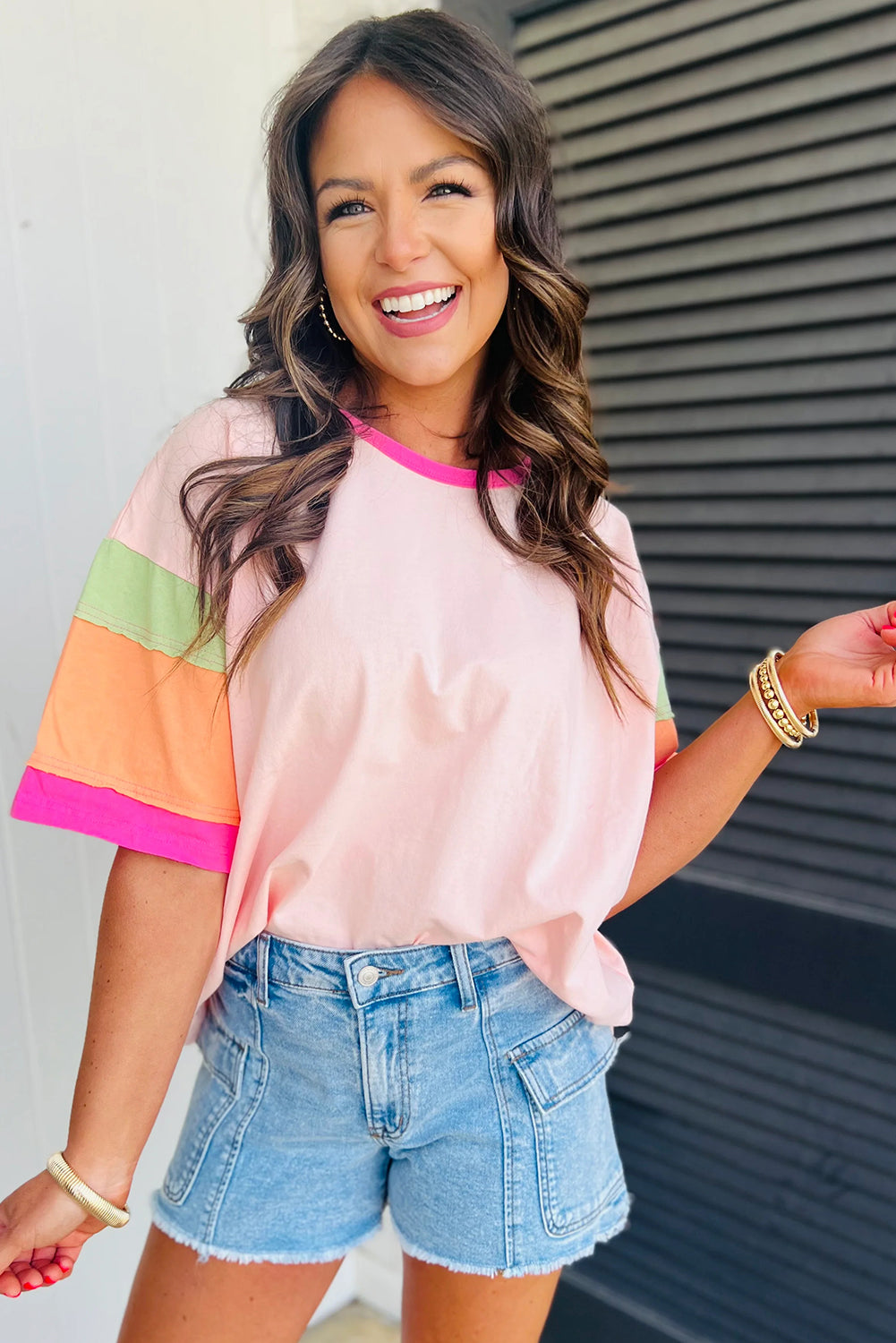 Green Color Block Sleeve Round Neck Oversize Top - Cowaa