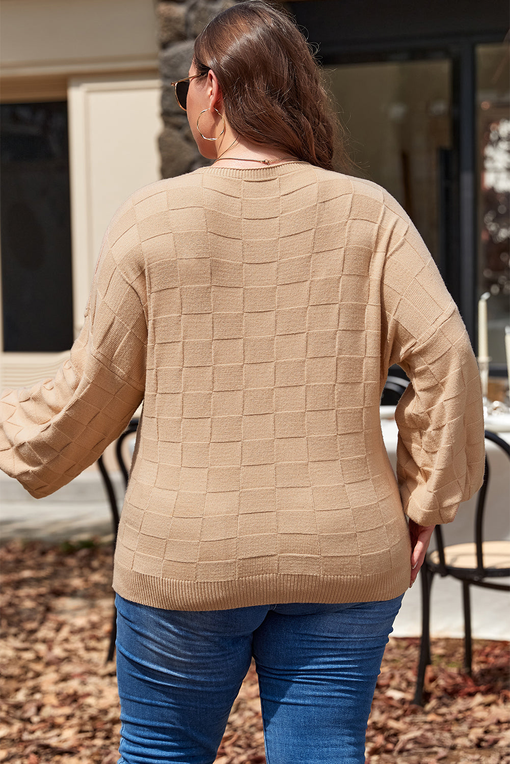 Light French Beige Solid Checkered Textured Knit Plus Size Sweater - Cowaa