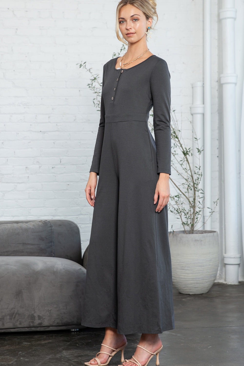 Dark Grey Henley Long Sleeve Wide Leg Jumpsuit with Pockets - Cowaa