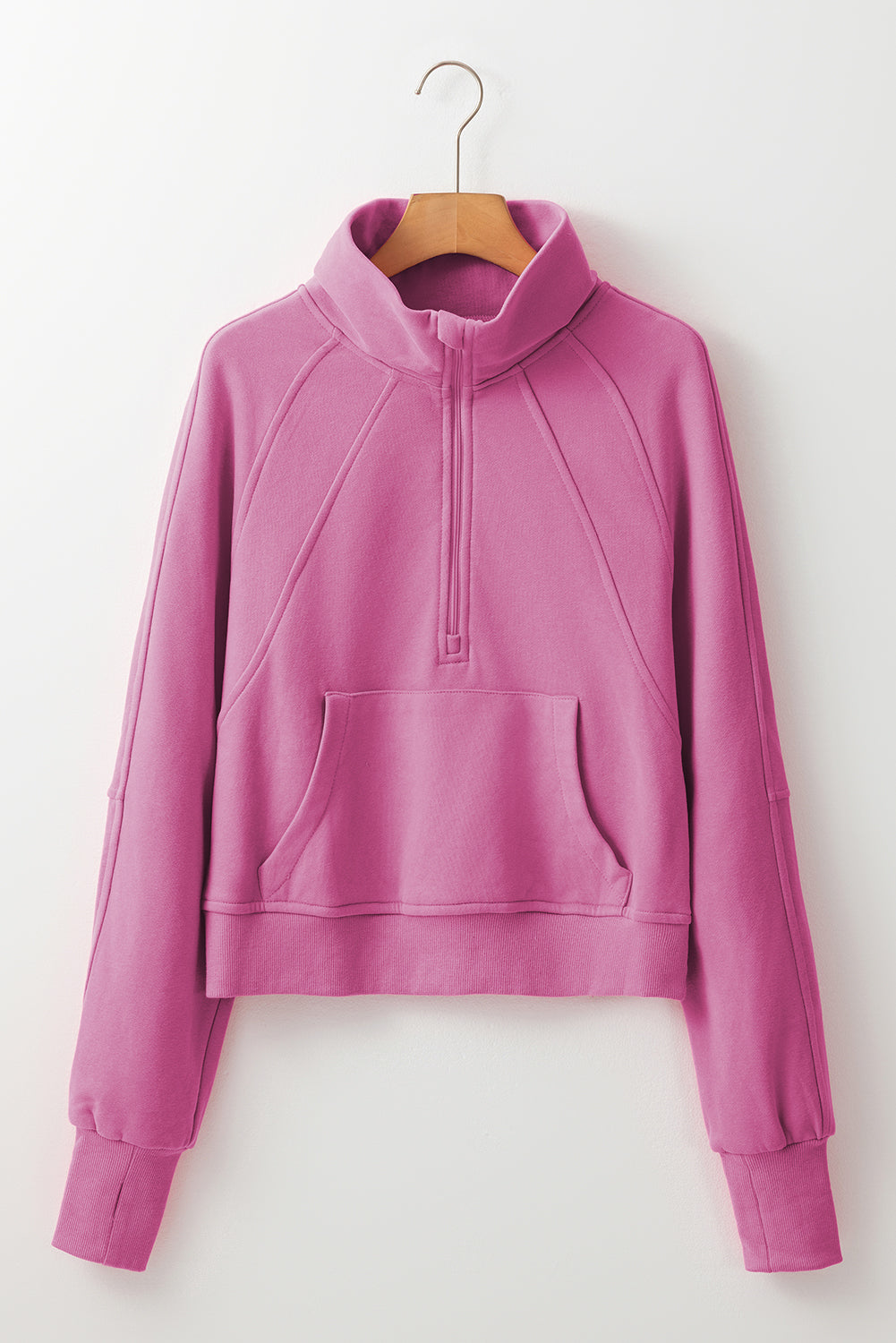 Brown Zip Up Stand Collar Thumbhole Sleeve Sweatshirt - Cowaa