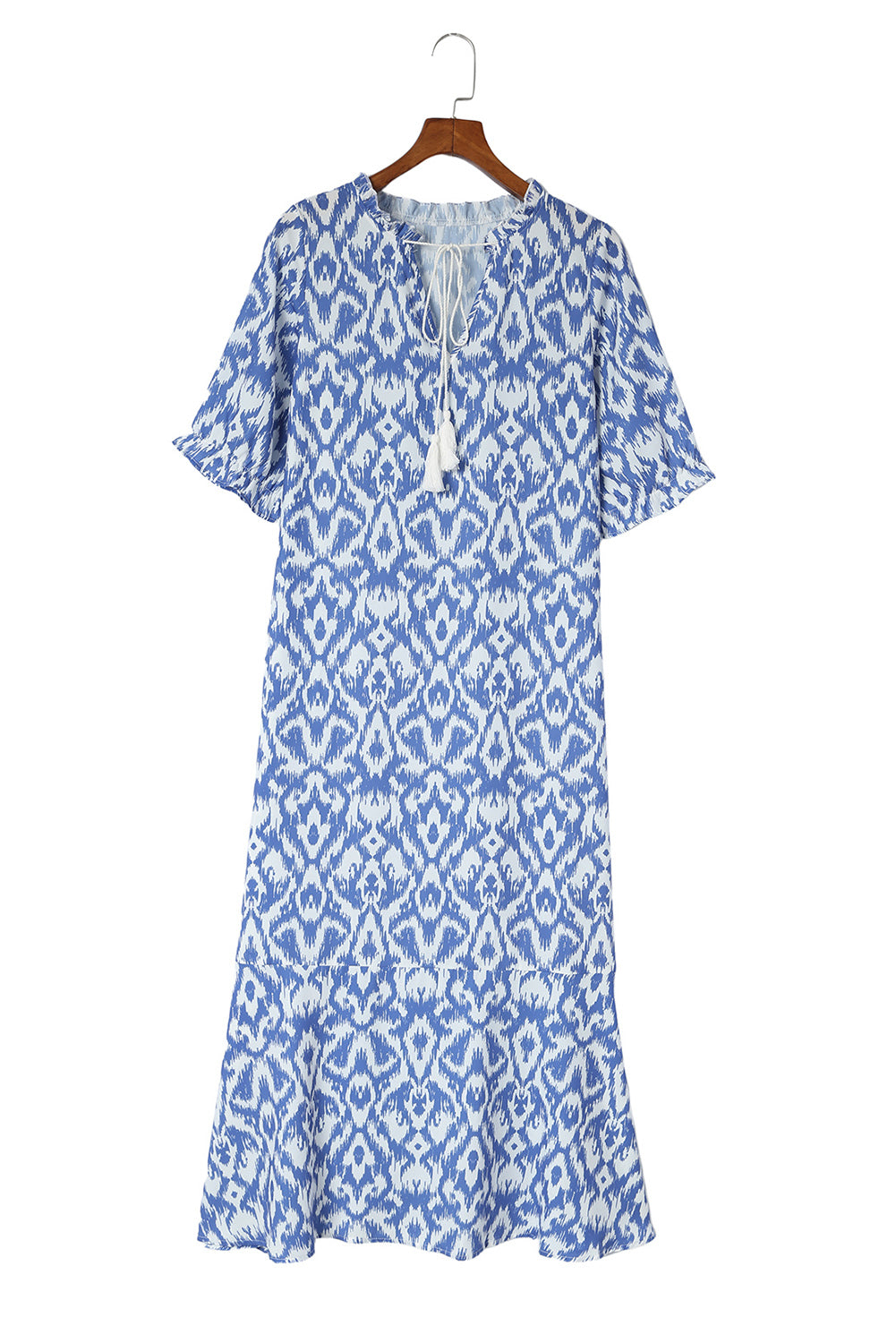 Sky Blue Geometric Print Casual V Neck Maxi Dress - Cowaa