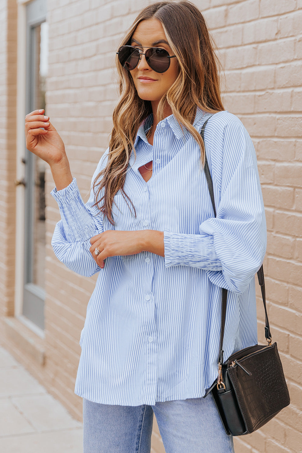 Black Striped Casual Shirred Cuffs Shirt - Cowaa
