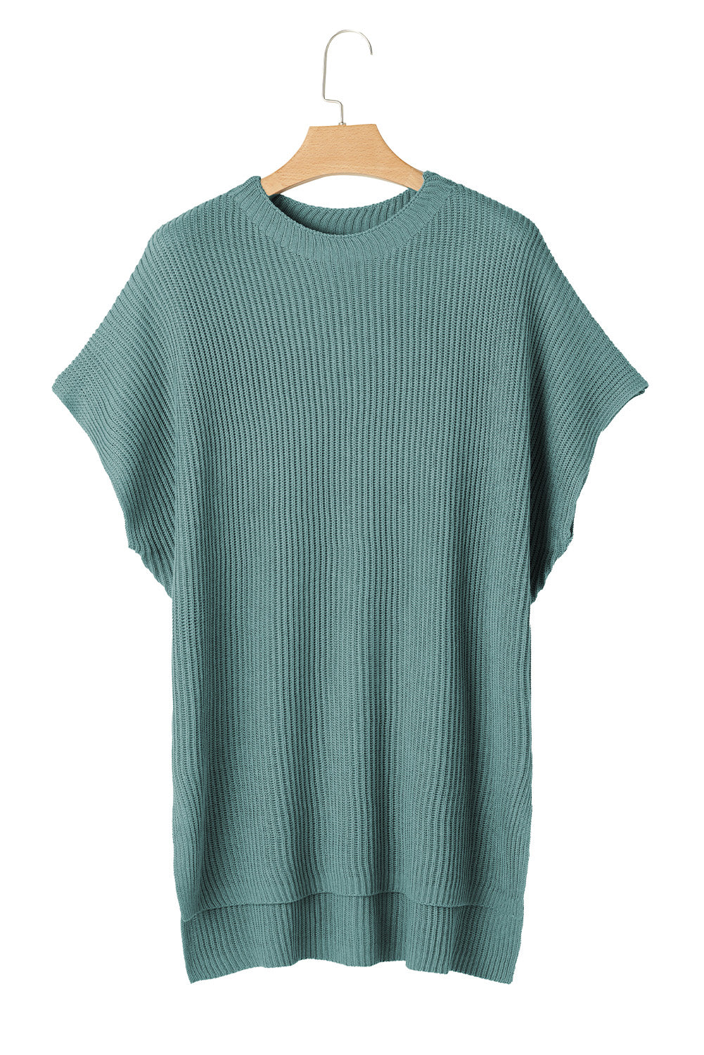 Rose Red Side Slit Short Sleeve Oversized Sweater - Cowaa