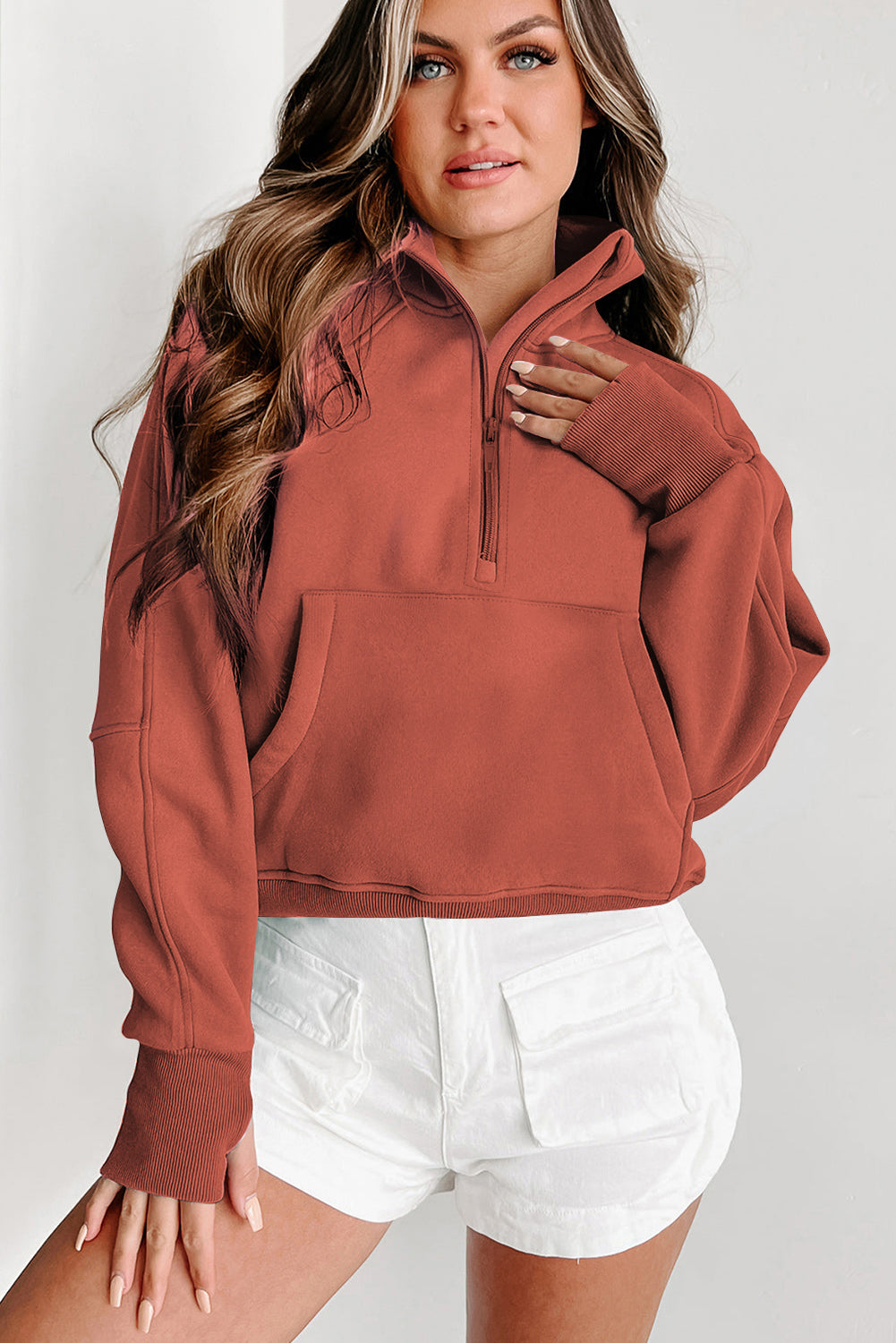 Brown Zip Up Stand Collar Thumbhole Sleeve Sweatshirt - Cowaa