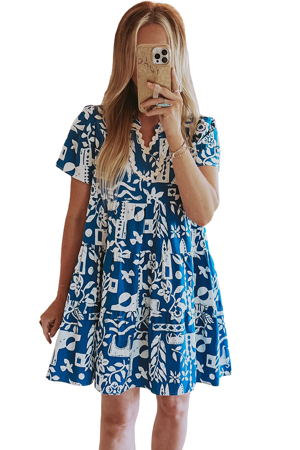 Blue Split V Neck Babydoll Flared Mini Dress - Cowaa