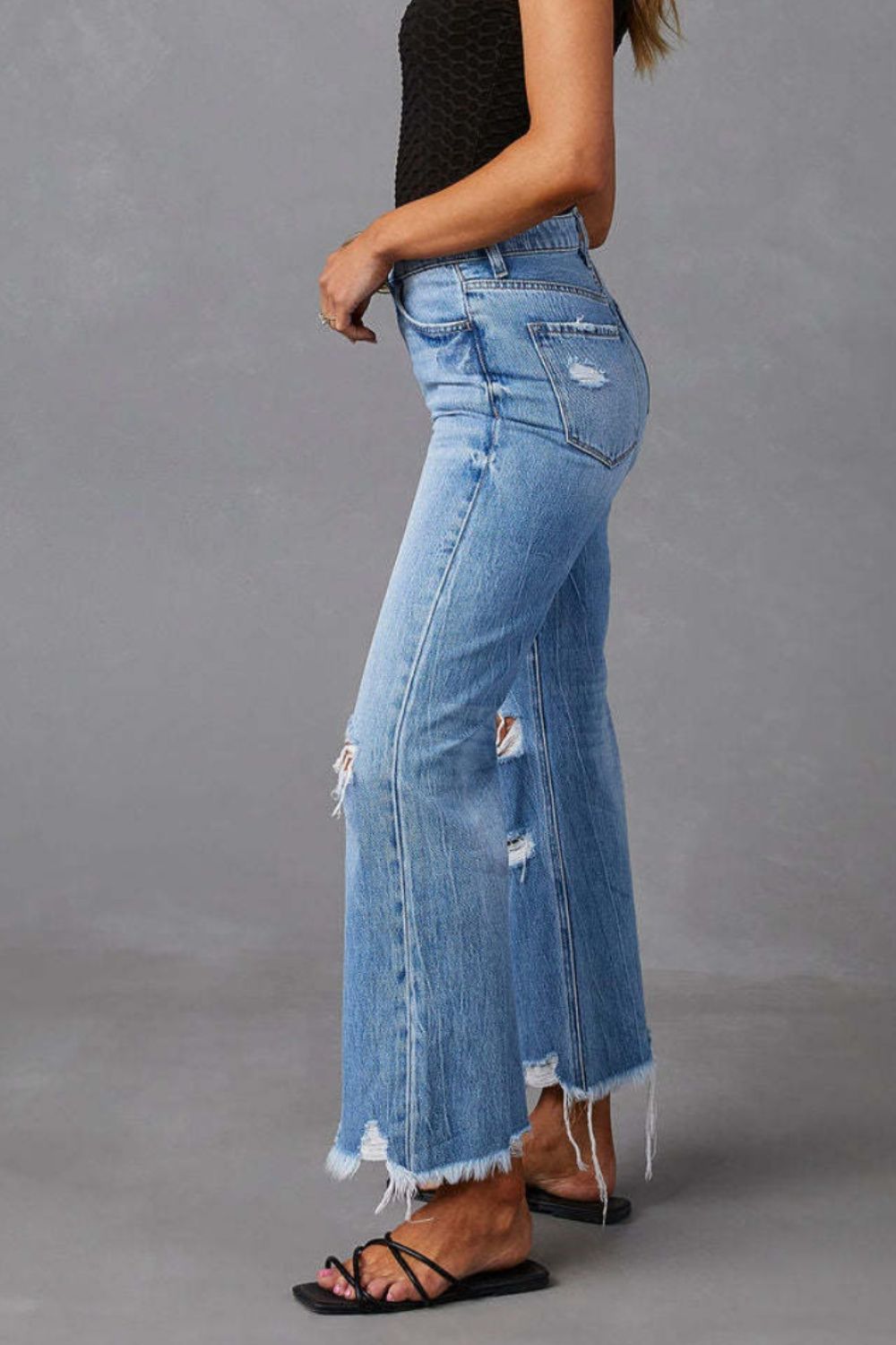 Distressed Raw Hem Jeans with Pockets - Cowaa