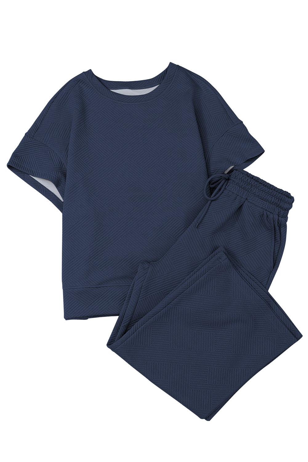 Navy Blue Textured Loose Fit T Shirt and Drawstring Pants Set - Cowaa
