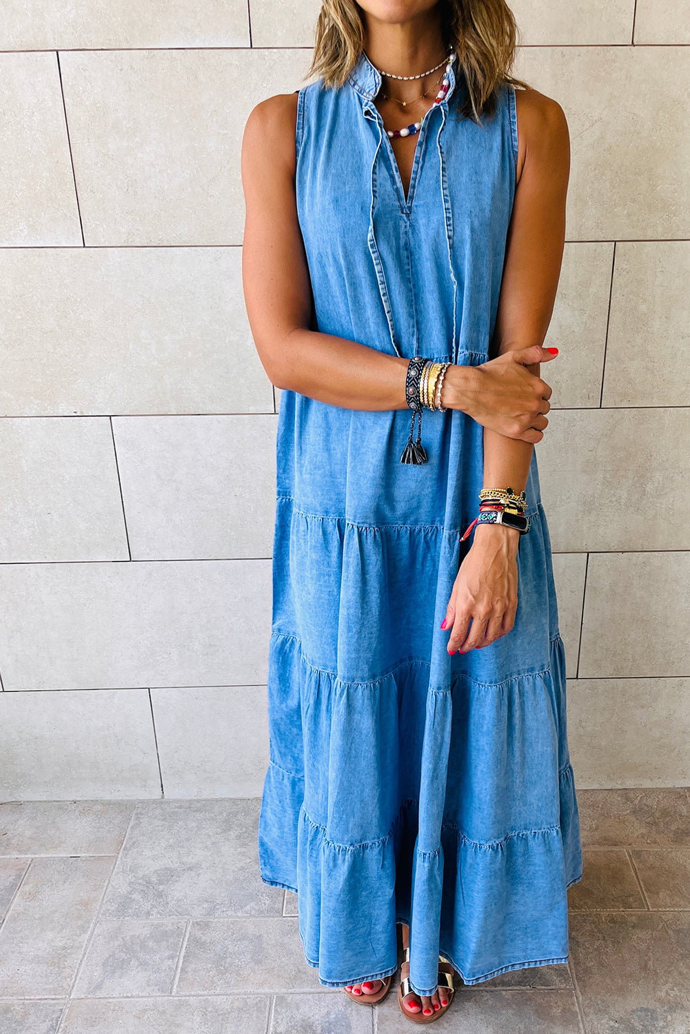 Real Teal Sleeveless Tiered Chambray Maxi Dress - Cowaa