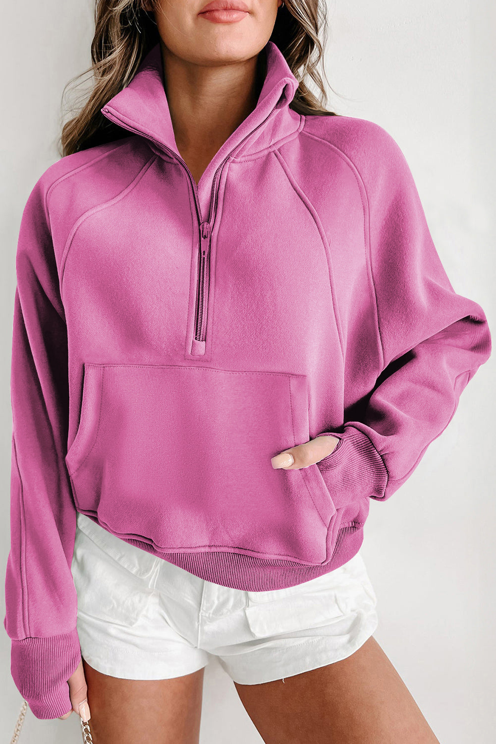 Brown Zip Up Stand Collar Thumbhole Sleeve Sweatshirt - Cowaa