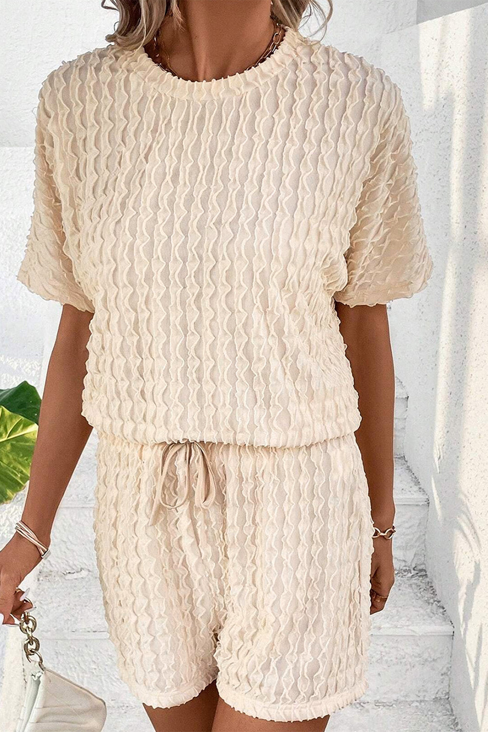 Beige Textured Tee & Drawstring Shorts Set - Cowaa
