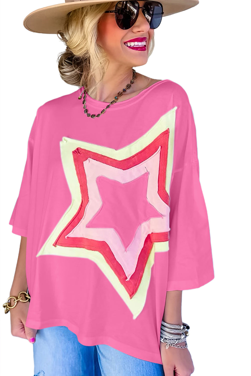 White Colorblock Star Patched Half Sleeve Oversized Tee - Cowaa